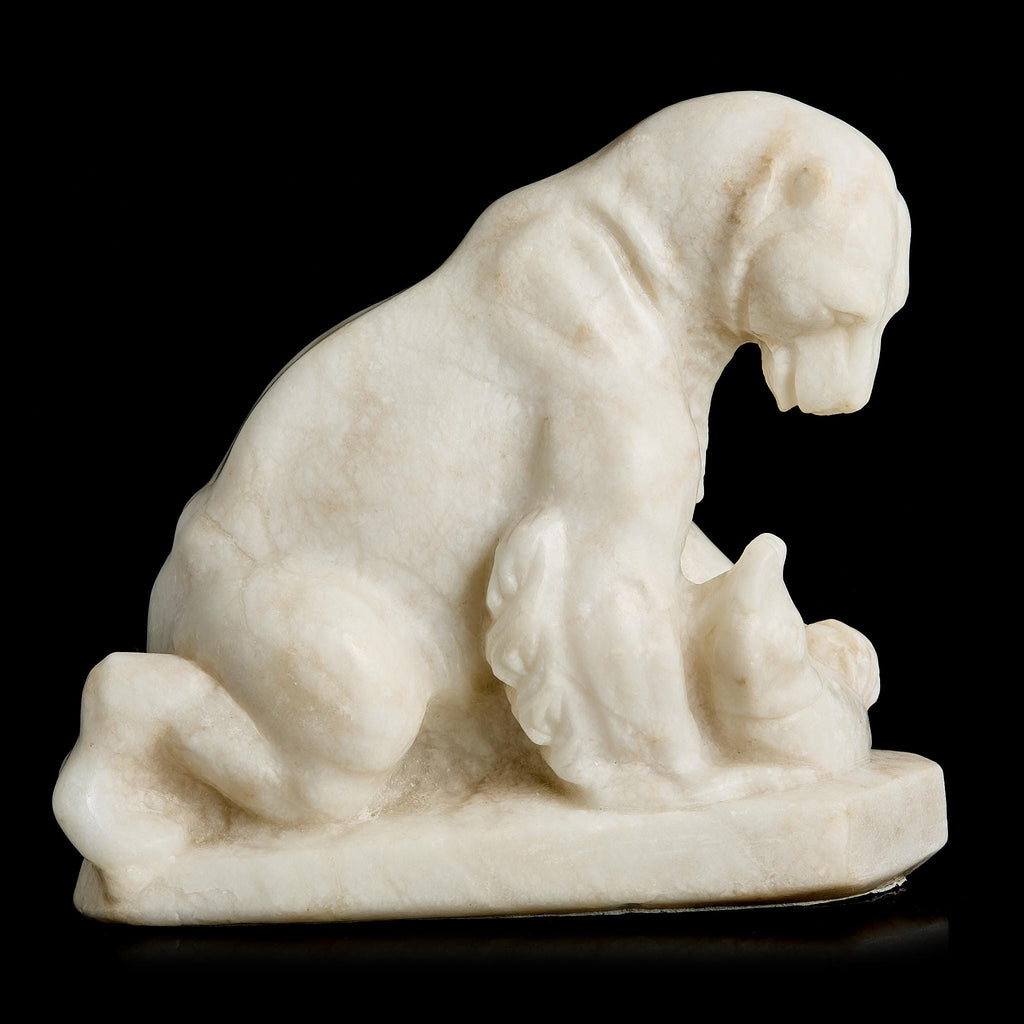 Large Antique White Marble Polar Bear Figurine with Fish | Pre-Revolutionary Russian Stone Carving, Early 20th C.