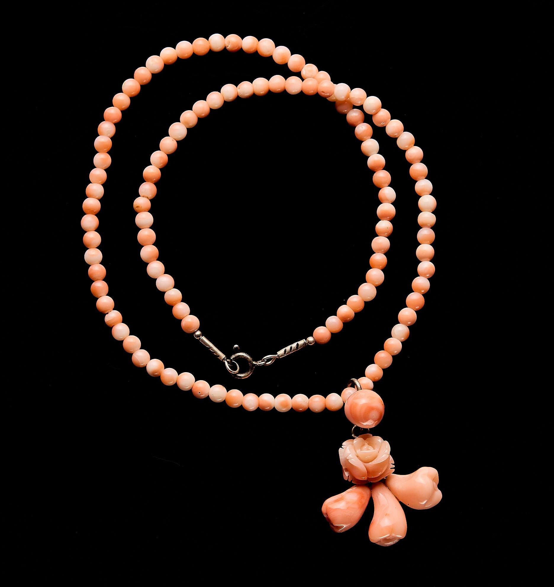 Vintage "Angel Skin" Coral Necklace w/ Japanese Carved Roses | Art Deco, 40cm