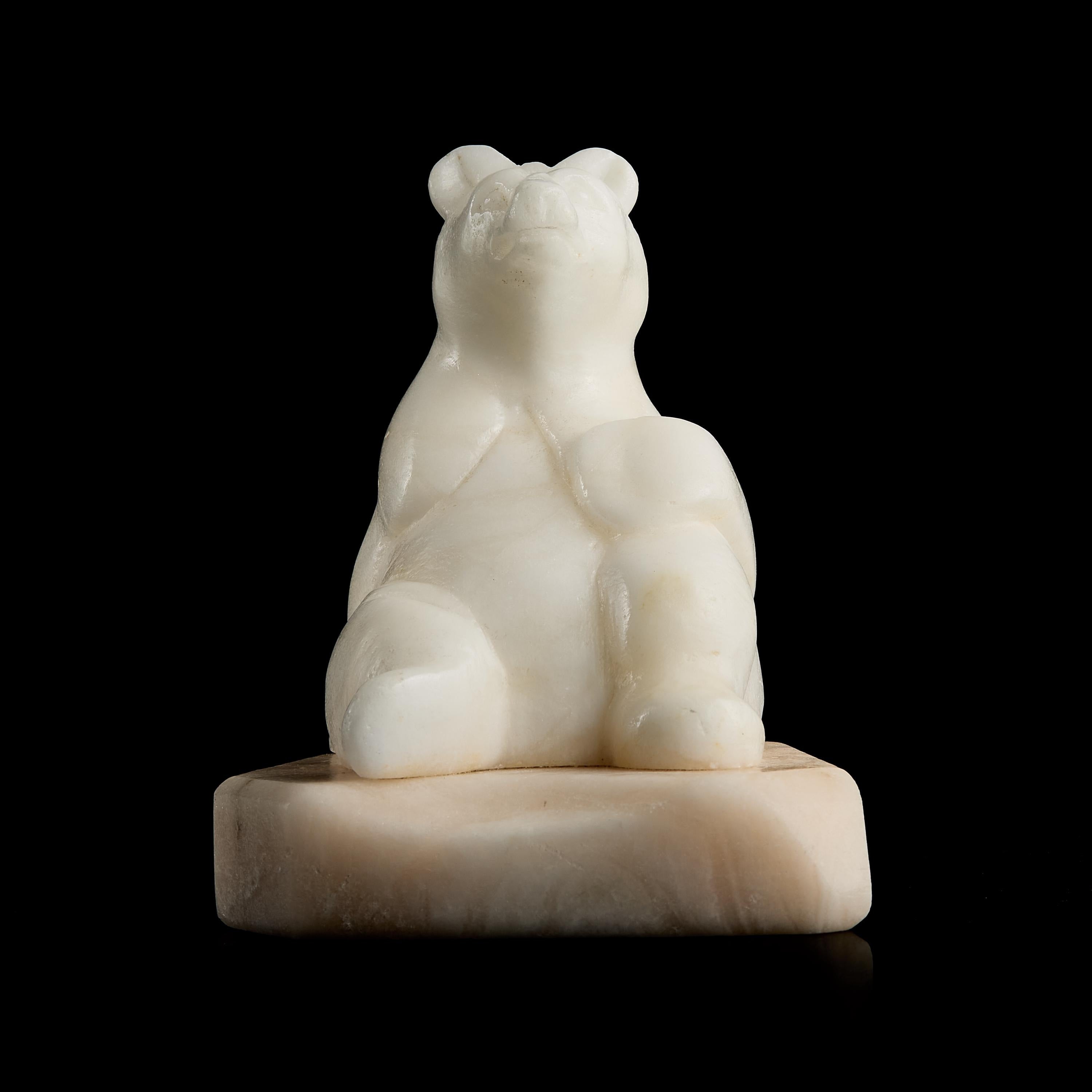 Vintage Inuit White Marble Polar Bear Figurine on Stone Pedestal | Yupik Craft, Early-Mid 20th C.
