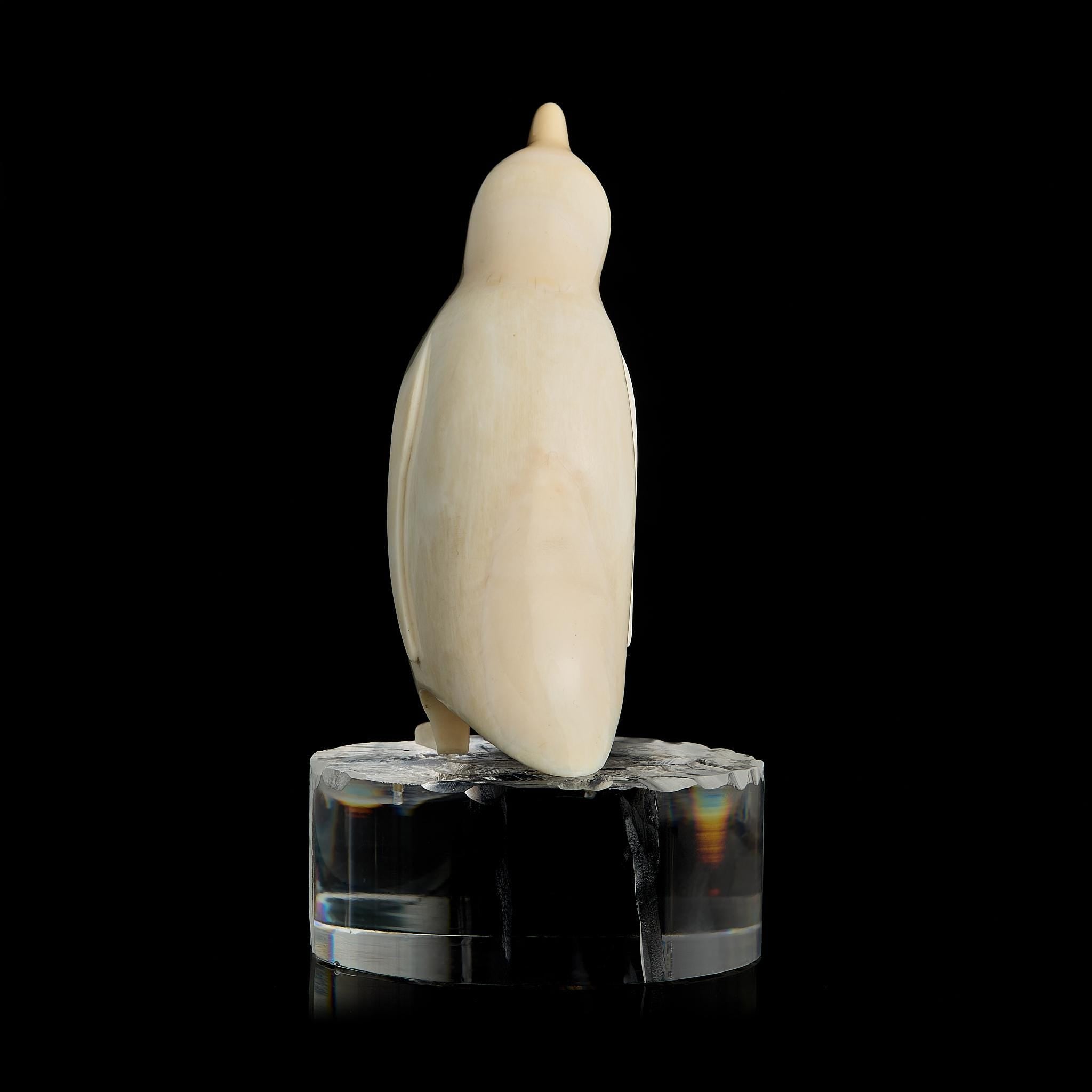 Vintage Inuit Bone Carving: Antarctic Penguin Figurine | Red Eye, Acrylic Pedestal, Early-Mid 20th C.