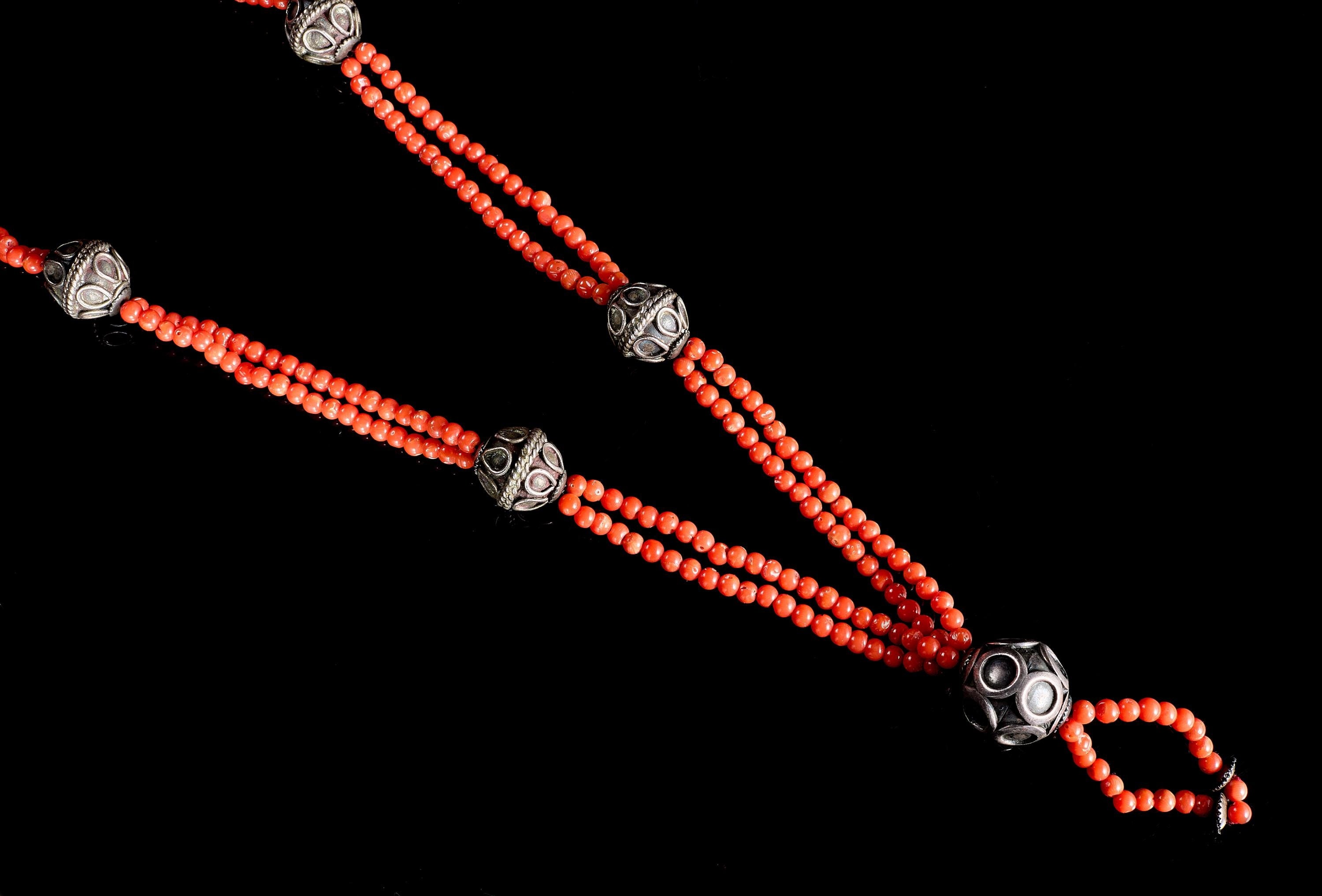 Vintage Antique Red Coral Necklace with 925 Silver Beads | Natural Unpainted Coral, Ethnic Jewelry