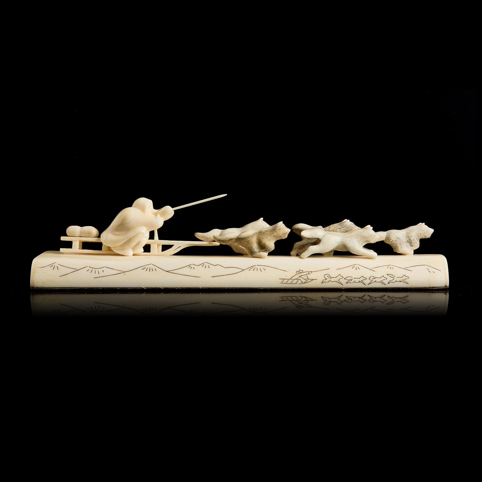 Vintage Bone Carving: "Eskimo with Dogs" Scene | Yupik Author's Sculpture, Rare Collectible