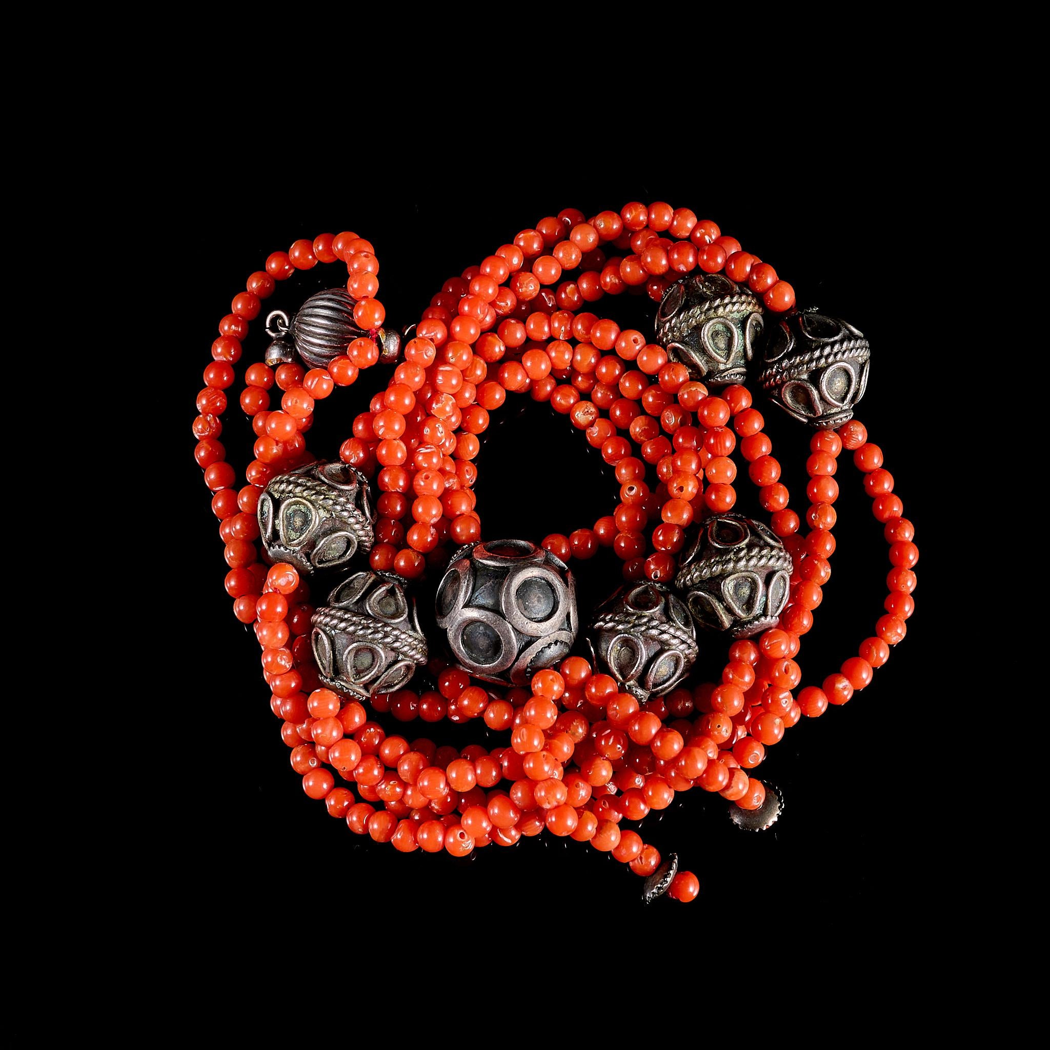 Vintage Antique Red Coral Necklace with 925 Silver Beads | Natural Unpainted Coral, Ethnic Jewelry