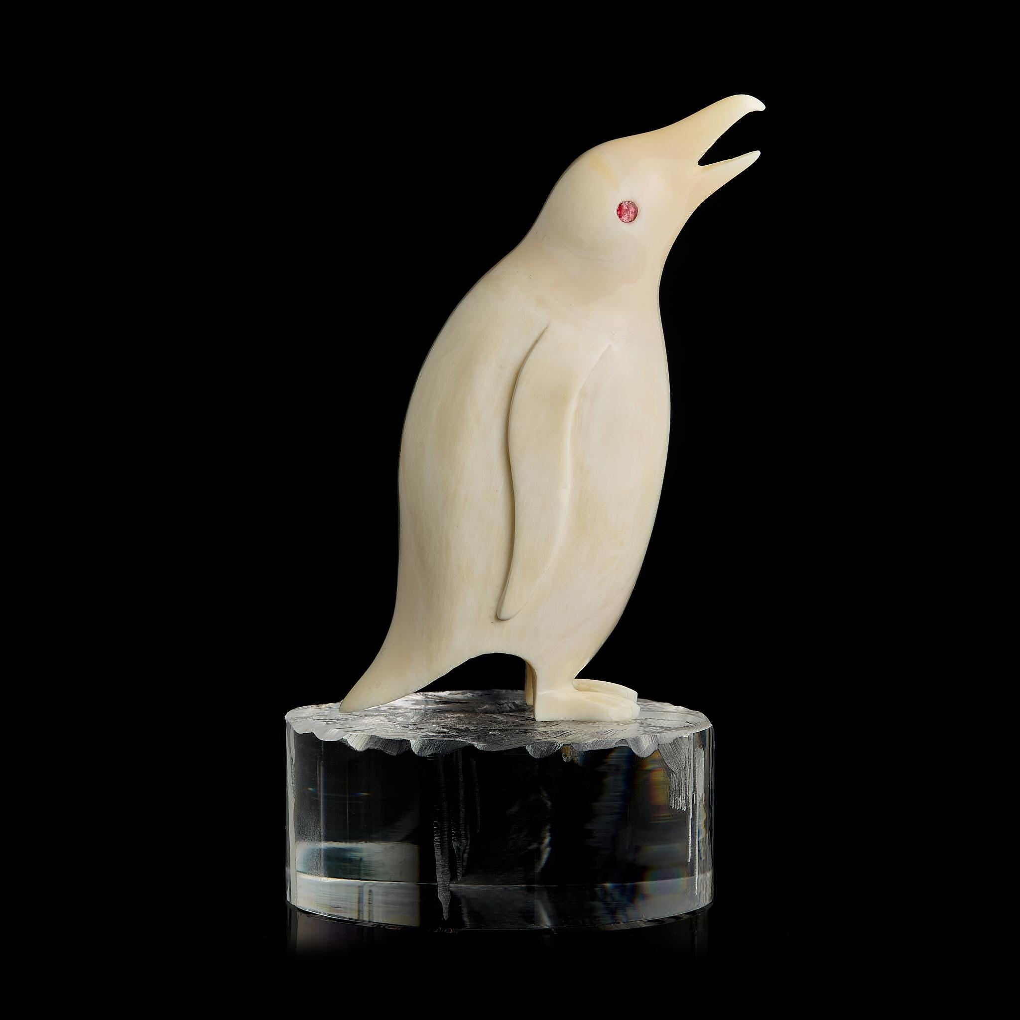 Vintage Inuit Bone Carving: Antarctic Penguin Figurine | Red Eye, Acrylic Pedestal, Early-Mid 20th C.
