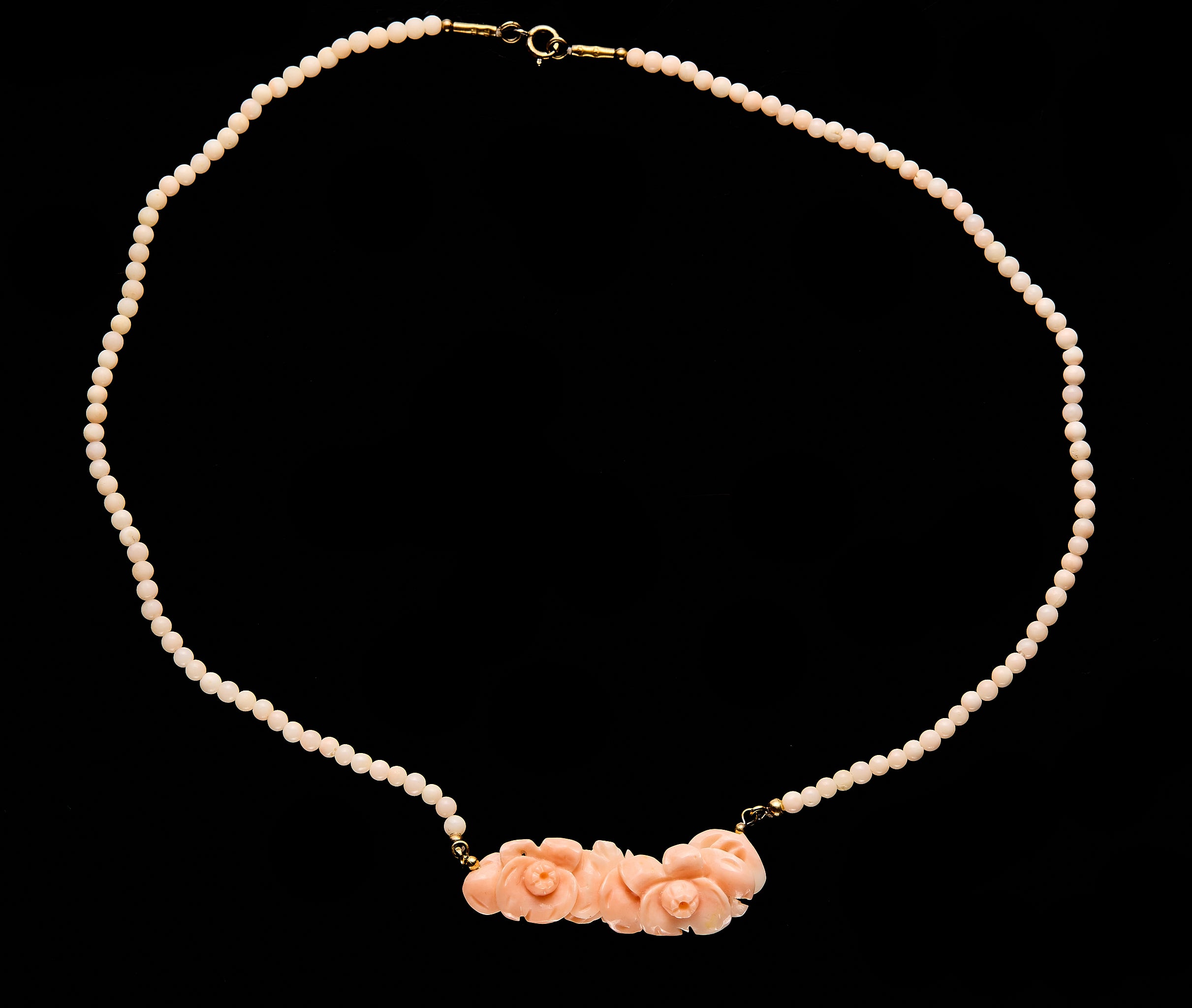 Vintage "Angel Skin" Coral Necklace with Carved Roses | Art Deco, Elegant Design
