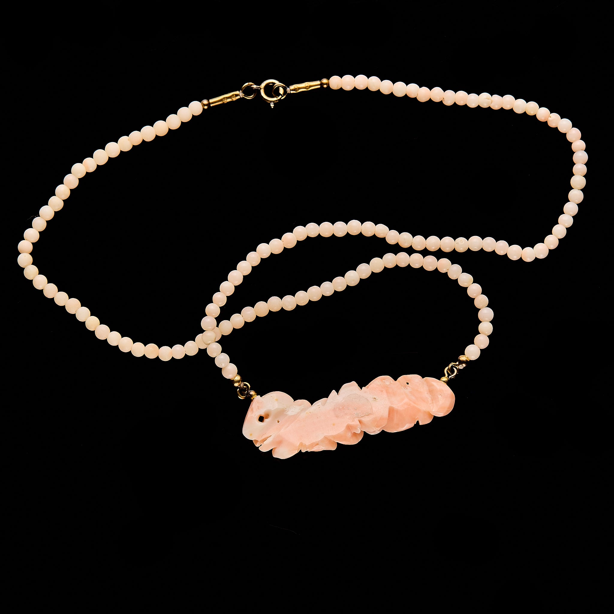 Vintage "Angel Skin" Coral Necklace with Carved Roses | Art Deco, Elegant Design