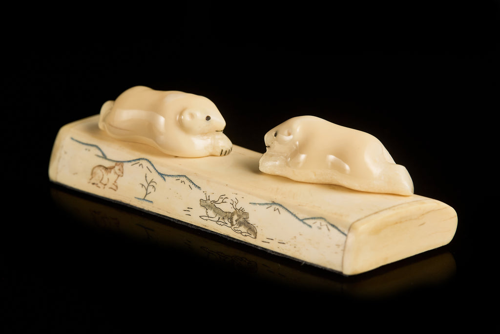 Antique Bone Carving: Resting Polar Bear Cubs Composition | Yupik Art, Early 20th C.