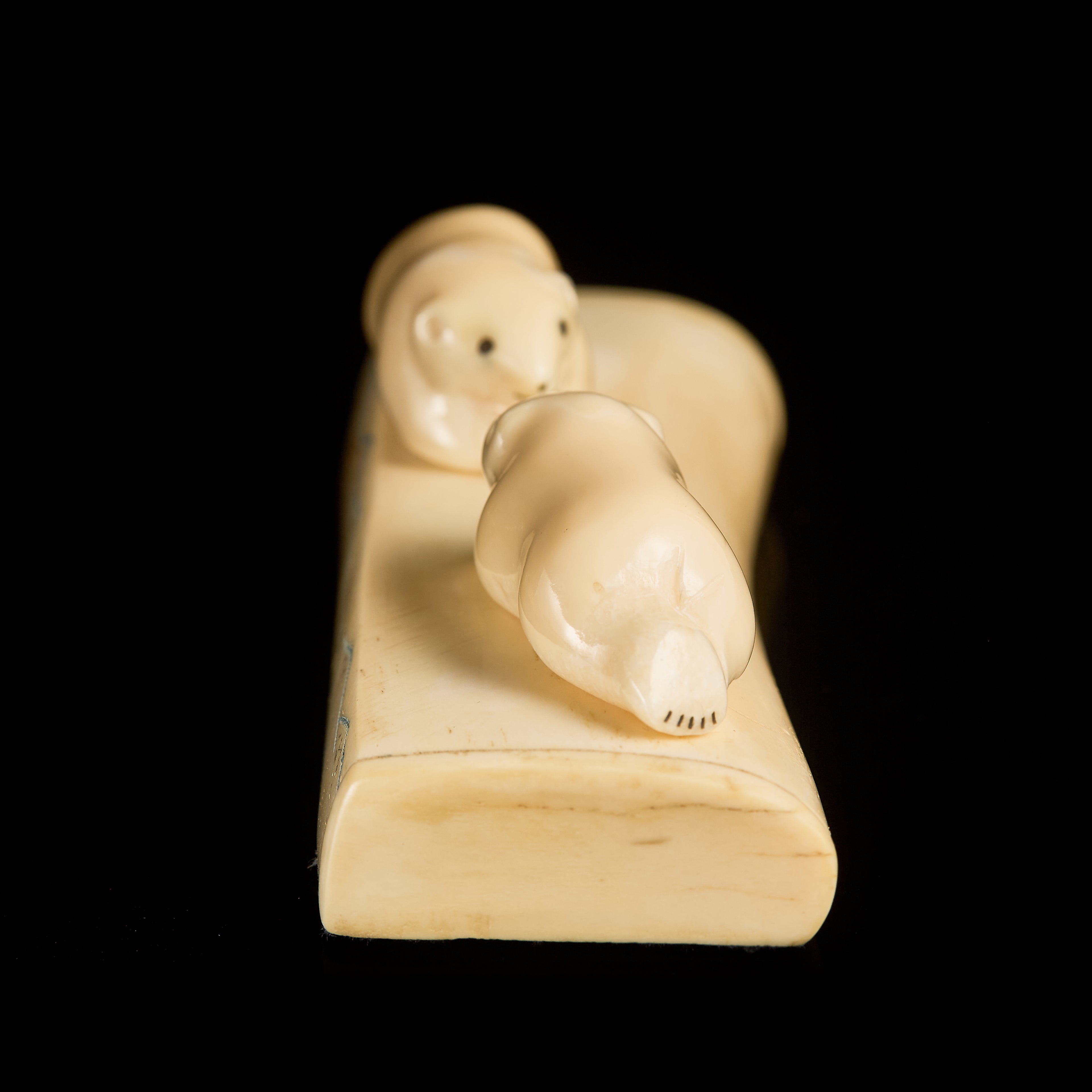 Antique Bone Carving: Resting Polar Bear Cubs Composition | Yupik Art, Early 20th C.