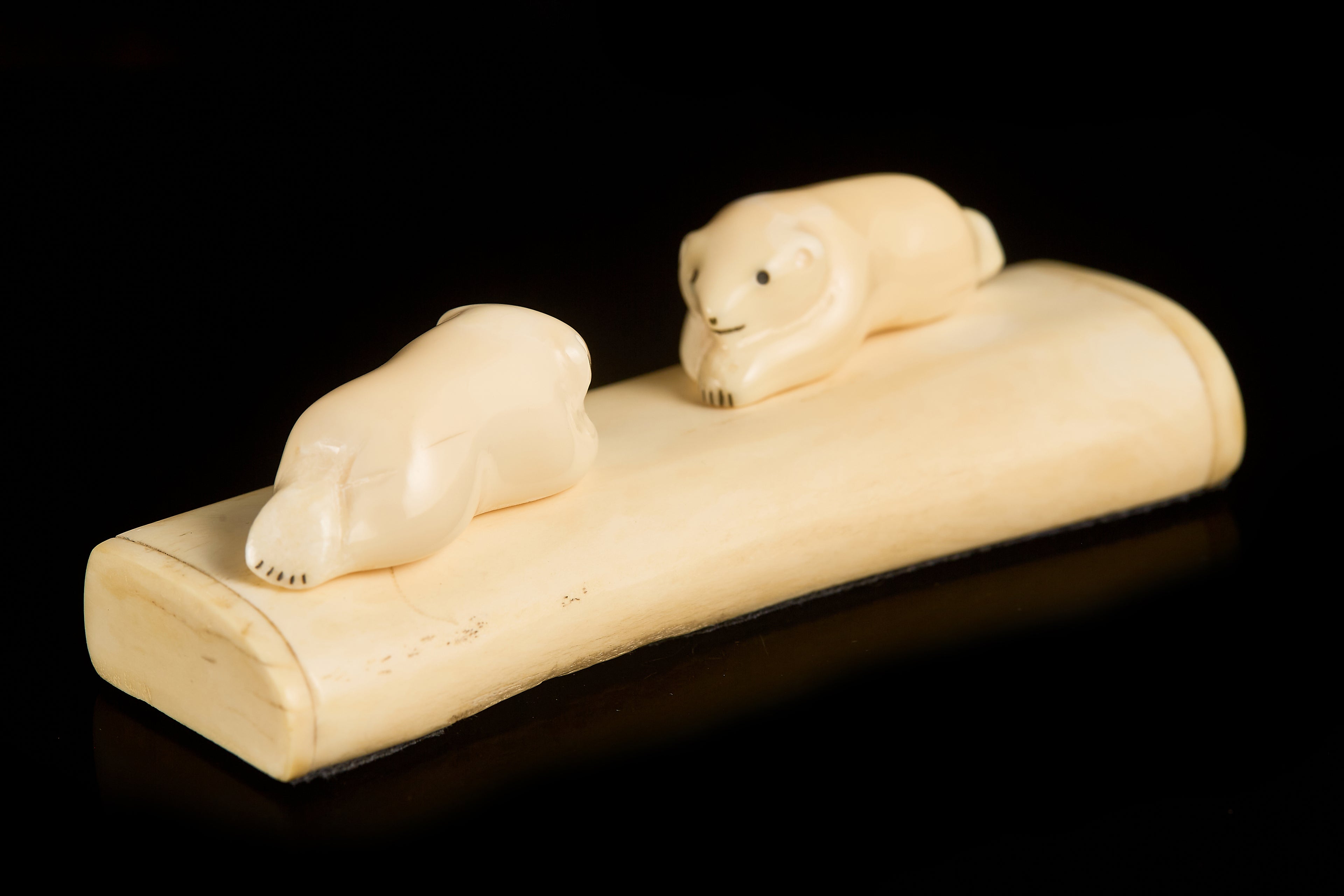 Antique Bone Carving: Resting Polar Bear Cubs Composition | Yupik Art, Early 20th C.