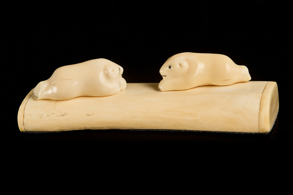 Antique Bone Carving: Resting Polar Bear Cubs Composition | Yupik Art, Early 20th C.