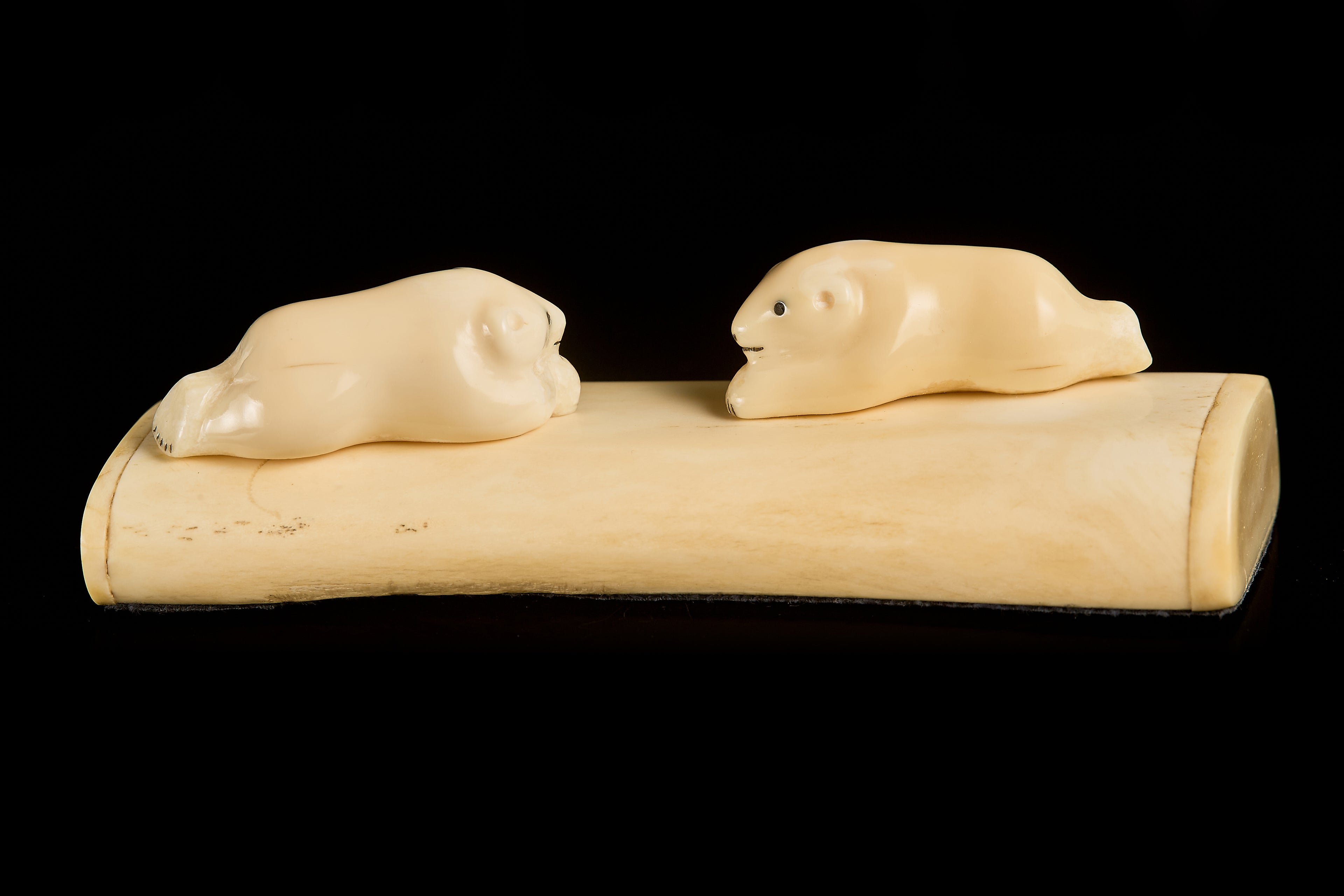 Antique Bone Carving: Resting Polar Bear Cubs Composition | Yupik Art, Early 20th C.