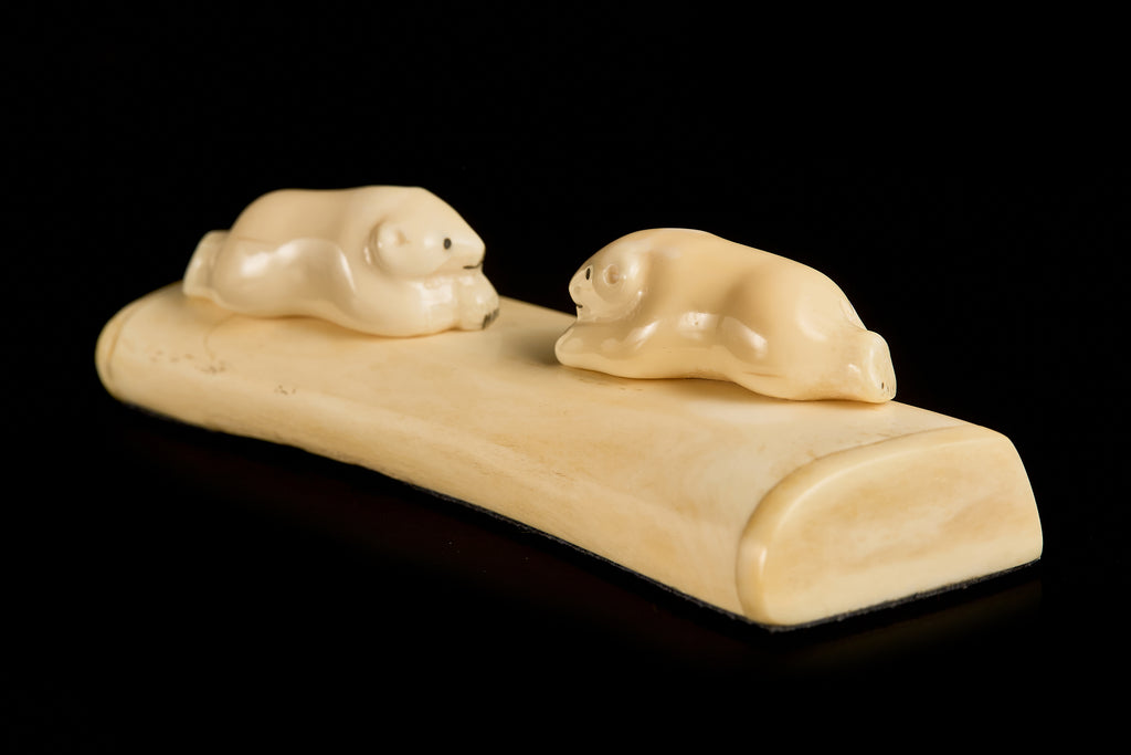 Antique Bone Carving: Resting Polar Bear Cubs Composition | Yupik Art, Early 20th C.