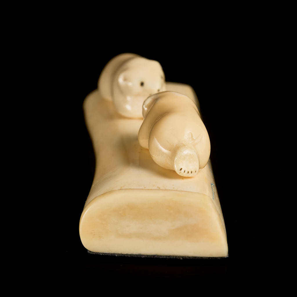 Antique Bone Carving: Resting Polar Bear Cubs Composition | Yupik Art, Early 20th C.