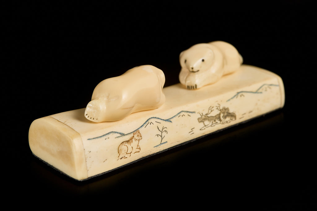 Antique Bone Carving: Resting Polar Bear Cubs Composition | Yupik Art, Early 20th C.