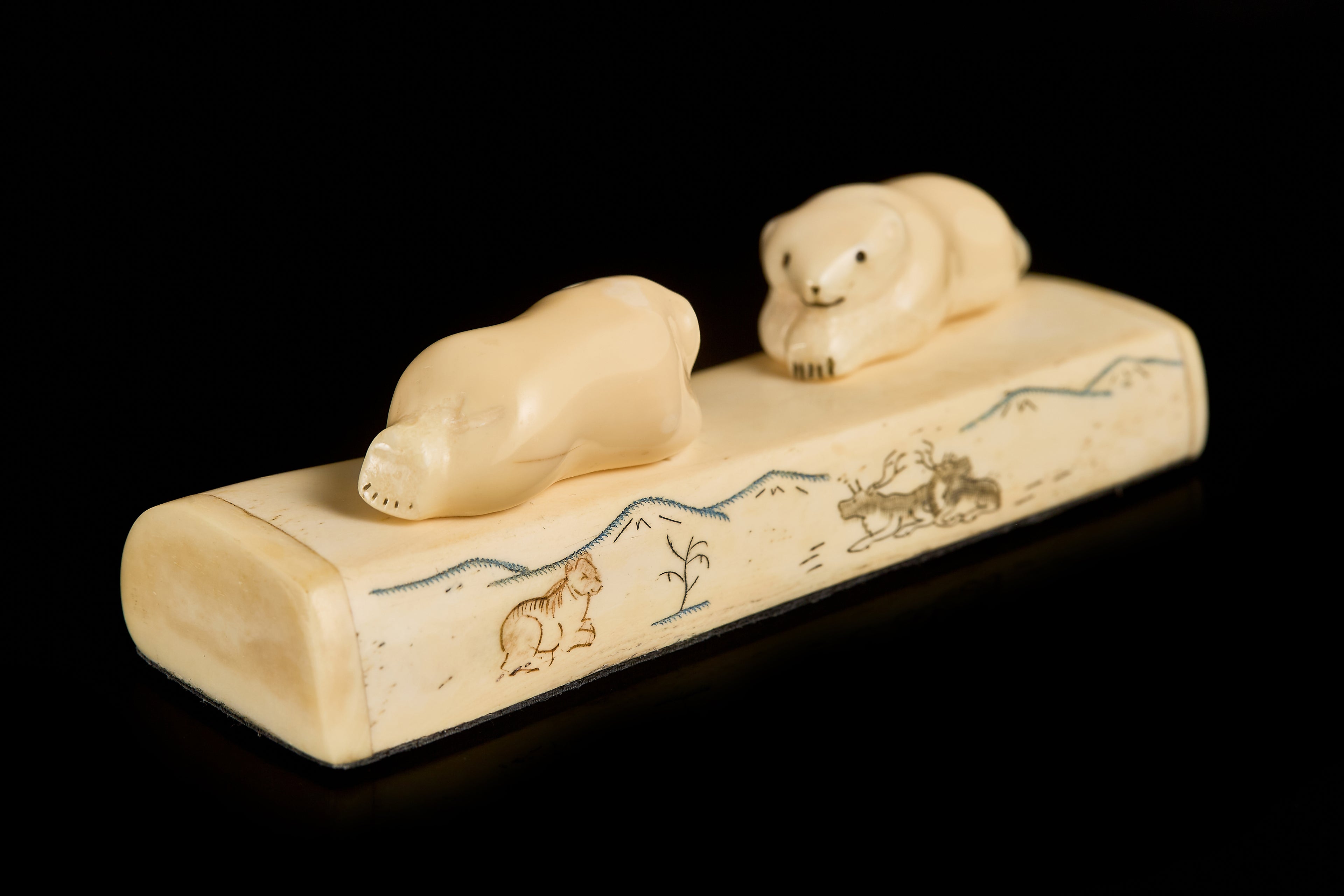 Antique Bone Carving: Resting Polar Bear Cubs Composition | Yupik Art, Early 20th C.