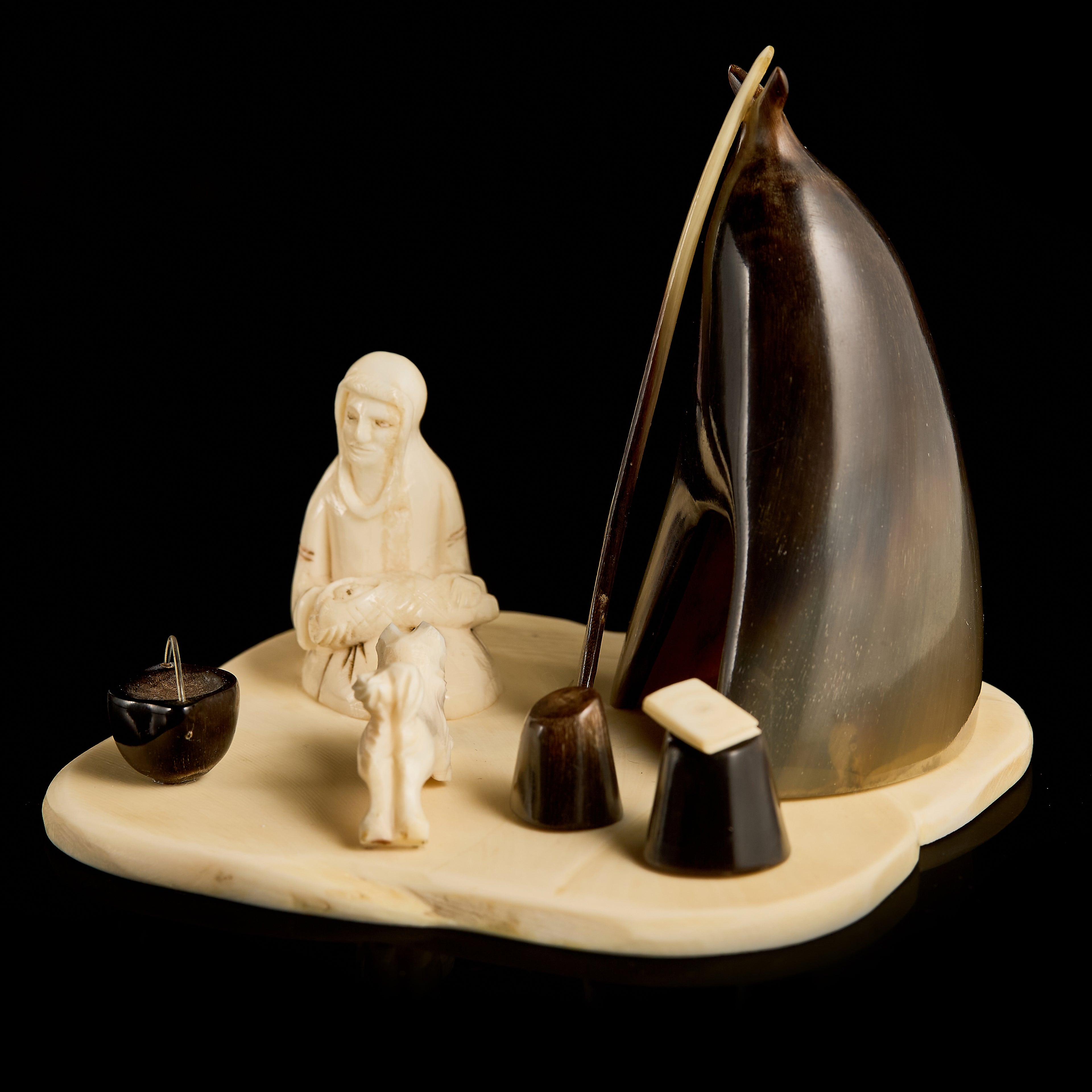 Collectible Vintage Inuit Sculpture: Mother & Child Camp Scene | Bone & Horn Composition, Mid-20th C.
