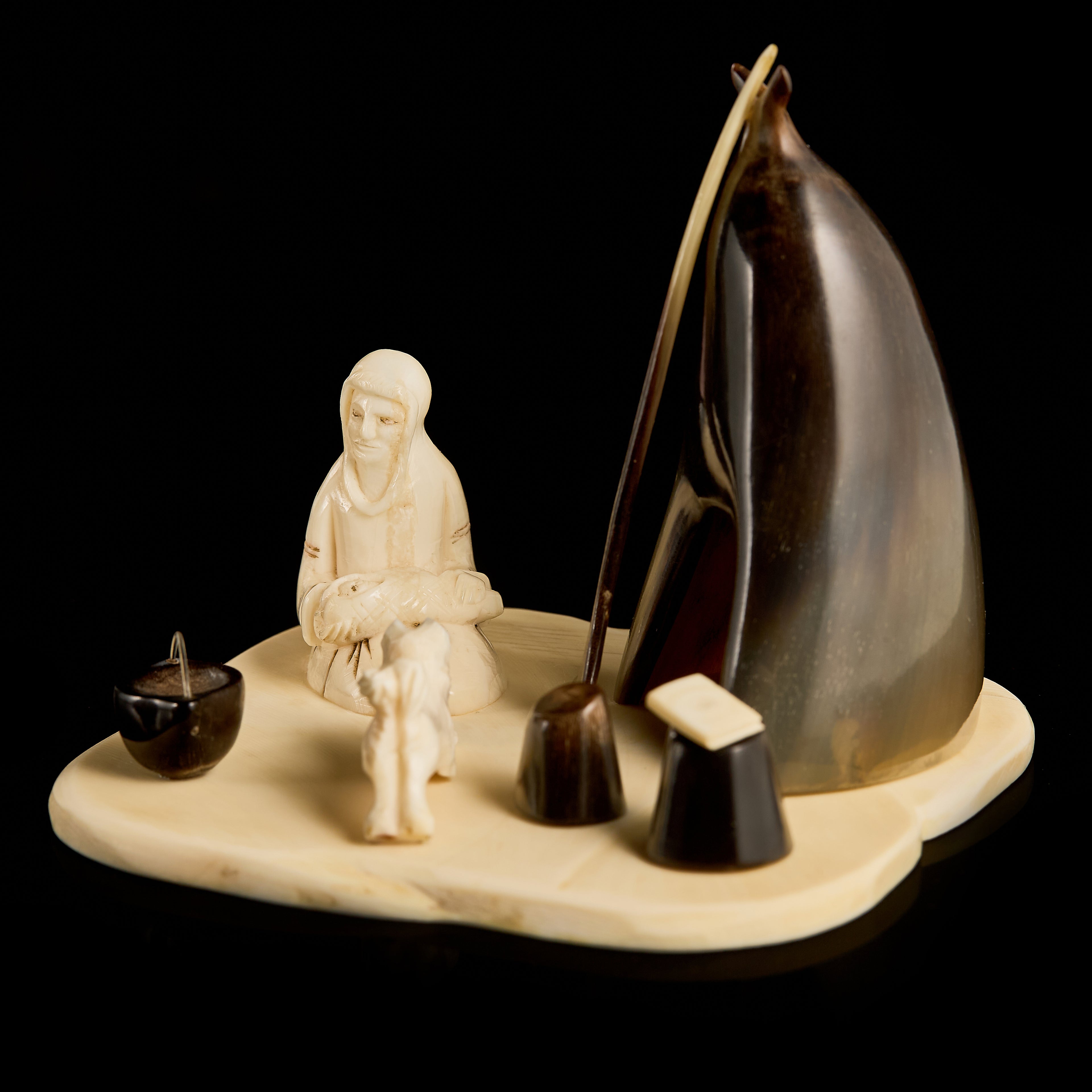 Collectible Vintage Inuit Sculpture: Mother & Child Camp Scene | Bone & Horn Composition, Mid-20th C.