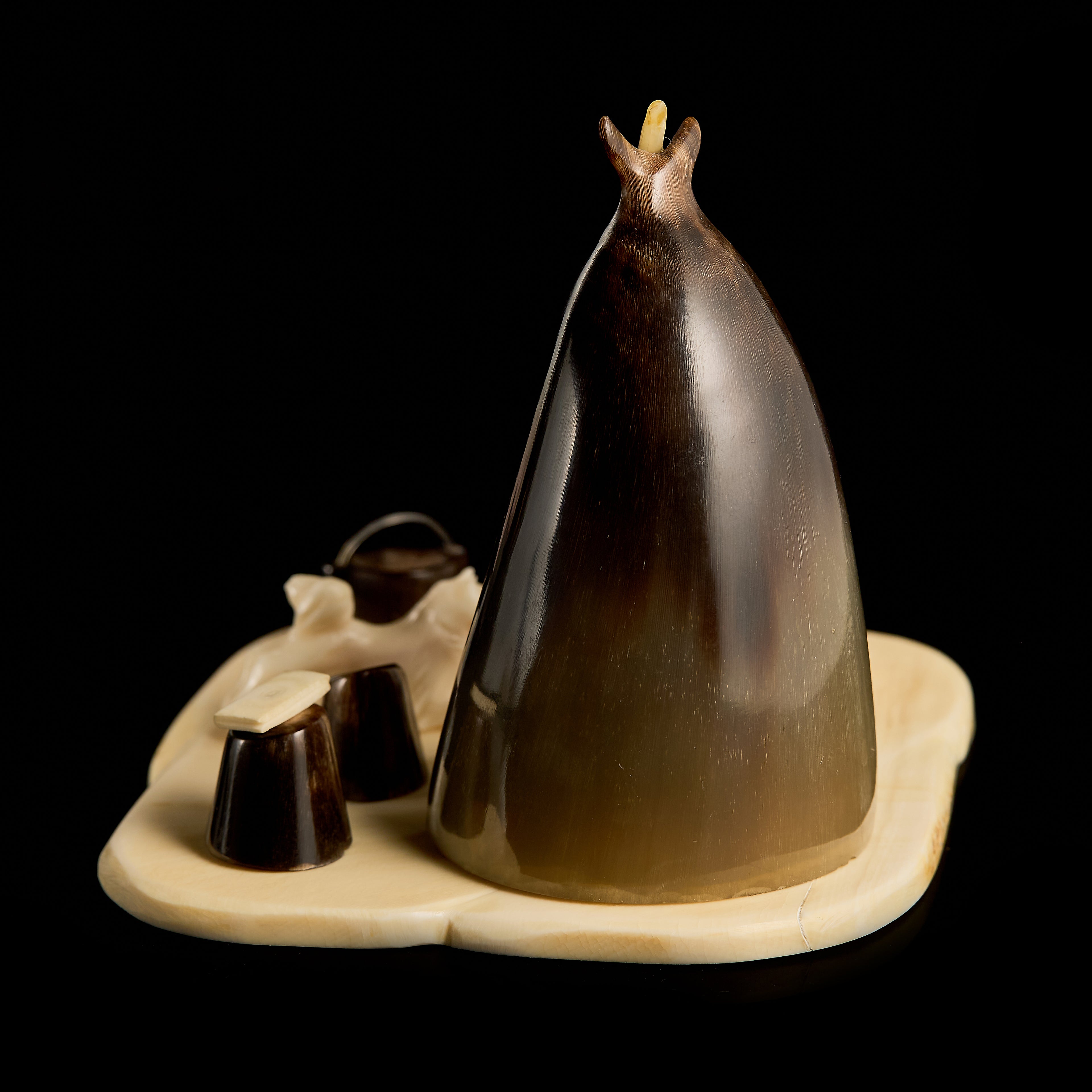 Collectible Vintage Inuit Sculpture: Mother & Child Camp Scene | Bone & Horn Composition, Mid-20th C.