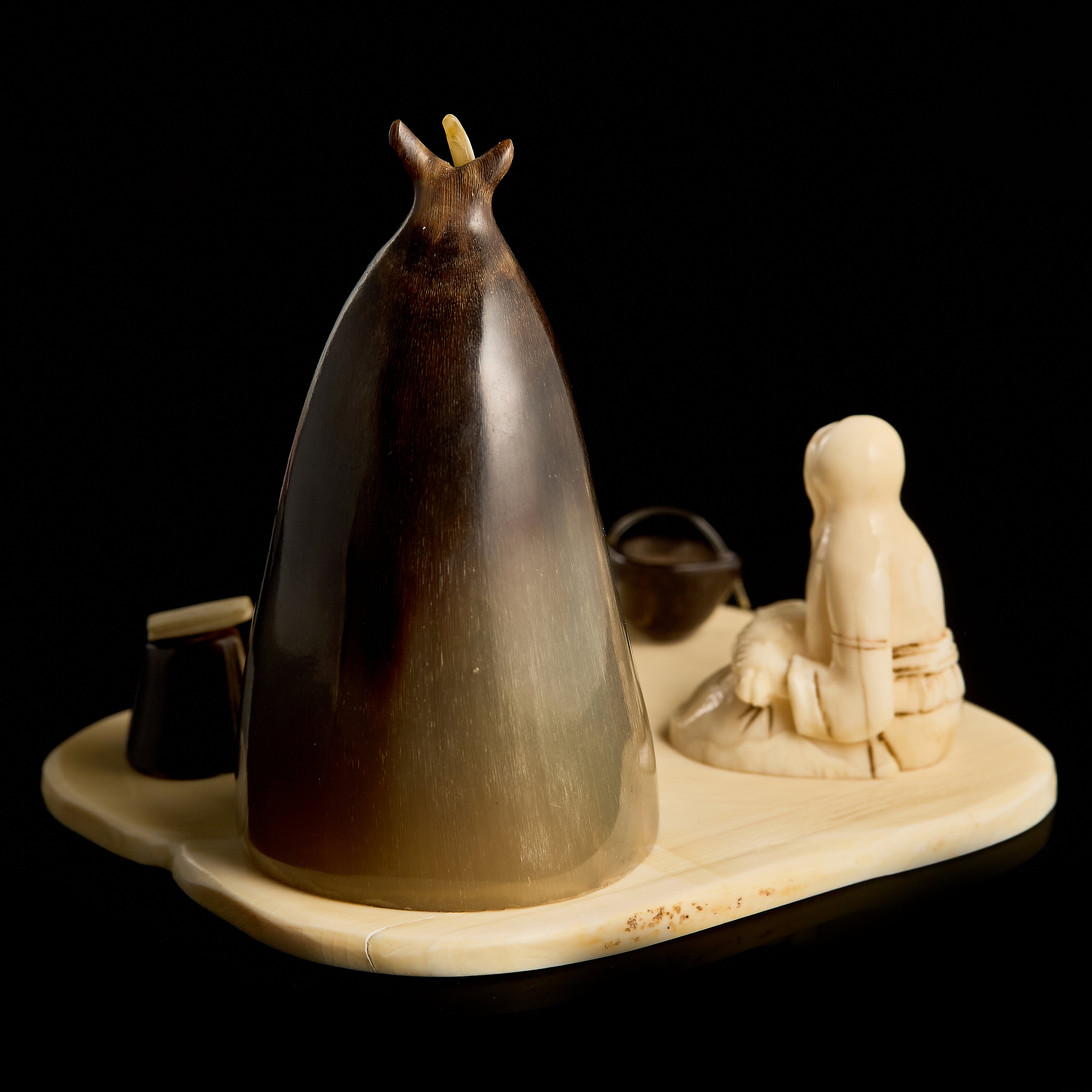 Collectible Vintage Inuit Sculpture: Mother & Child Camp Scene | Bone & Horn Composition, Mid-20th C.