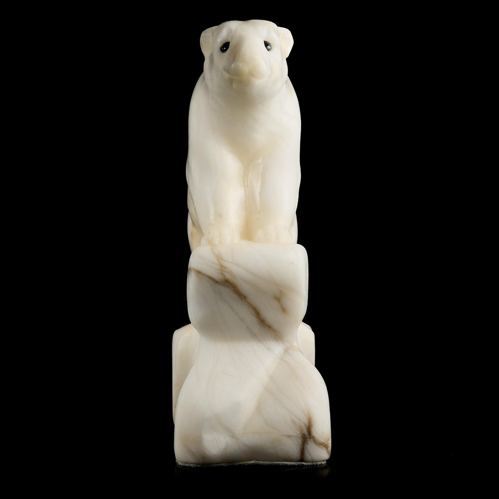 Vintage Inuit White Marble Polar Bear Figurine on Base | Yup'ik Carving, Early-Mid 20th C.