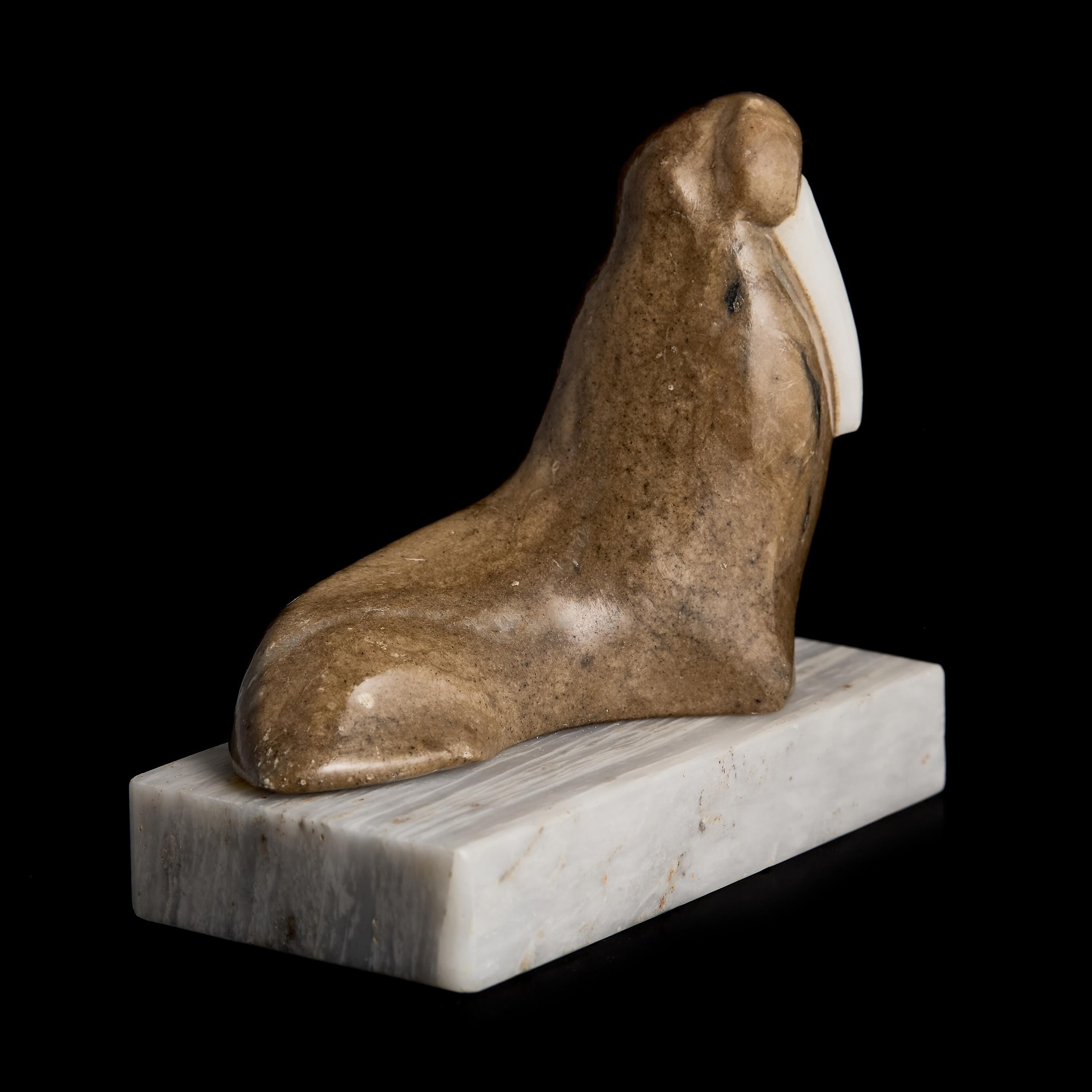 Vintage Inuit Marble Walrus Figurine on Ice Floe Base | Yup'ik Stone Sculpture, Early-Mid 20th C.