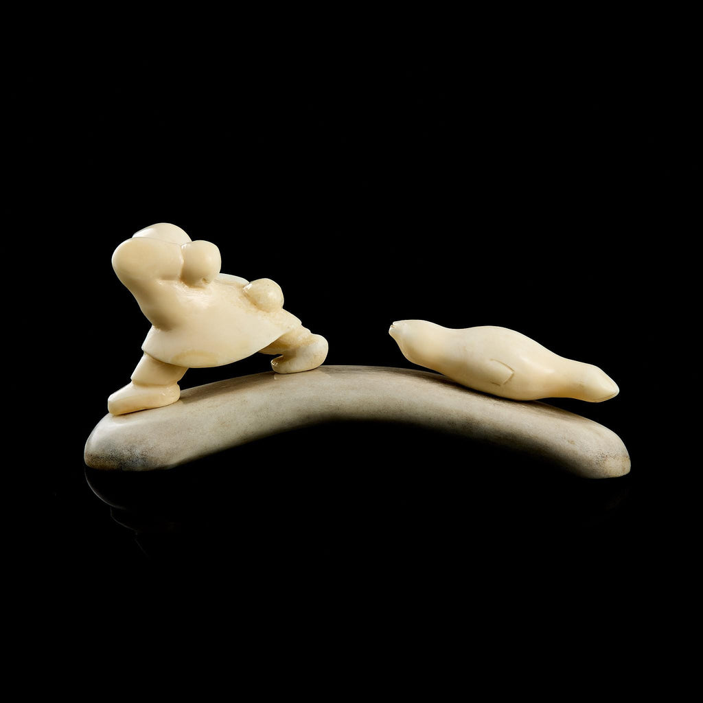 Rare Vintage Inuit Bone Carving: "Chukchi Hunter and Seal" Scene | Yupik Art, Chukotka, 1970s