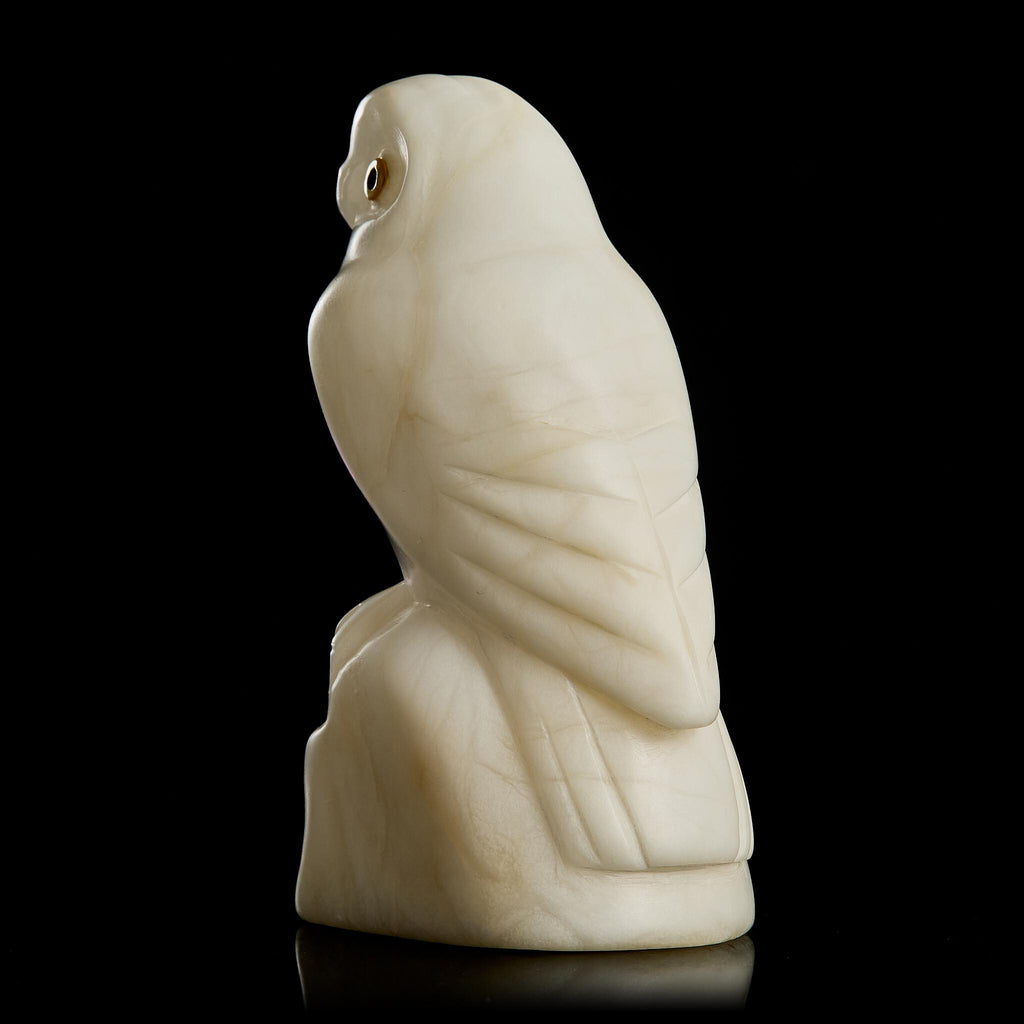 🦉 Antique White Northern Owl Figurine | Carved White Marble & Natural Amber Eyes