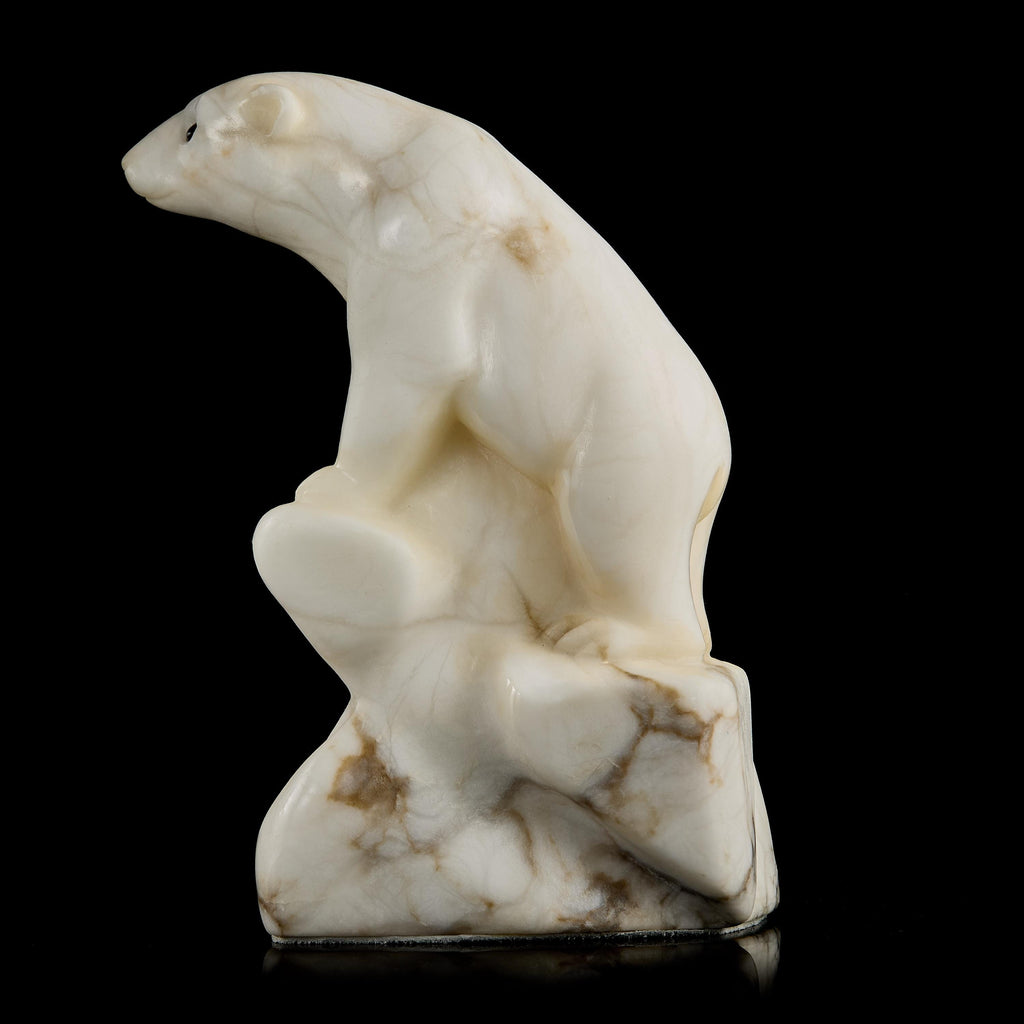 Vintage Inuit White Marble Polar Bear Figurine on Base | Yup'ik Carving, Early-Mid 20th C.
