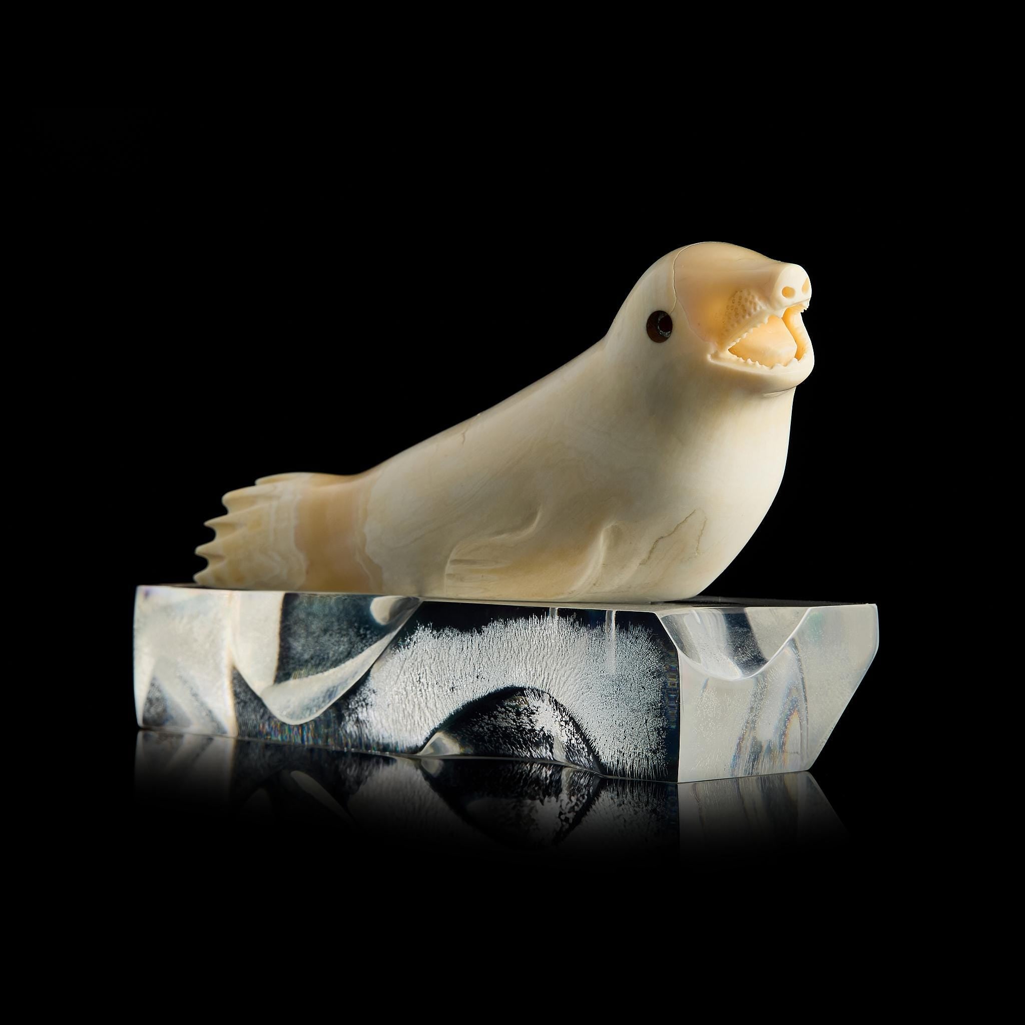 Vintage Inuit Bone Carving: Arctic Seal on Ice Floe | Yupik Alaskan Sculpture, Early-Mid 20th C.