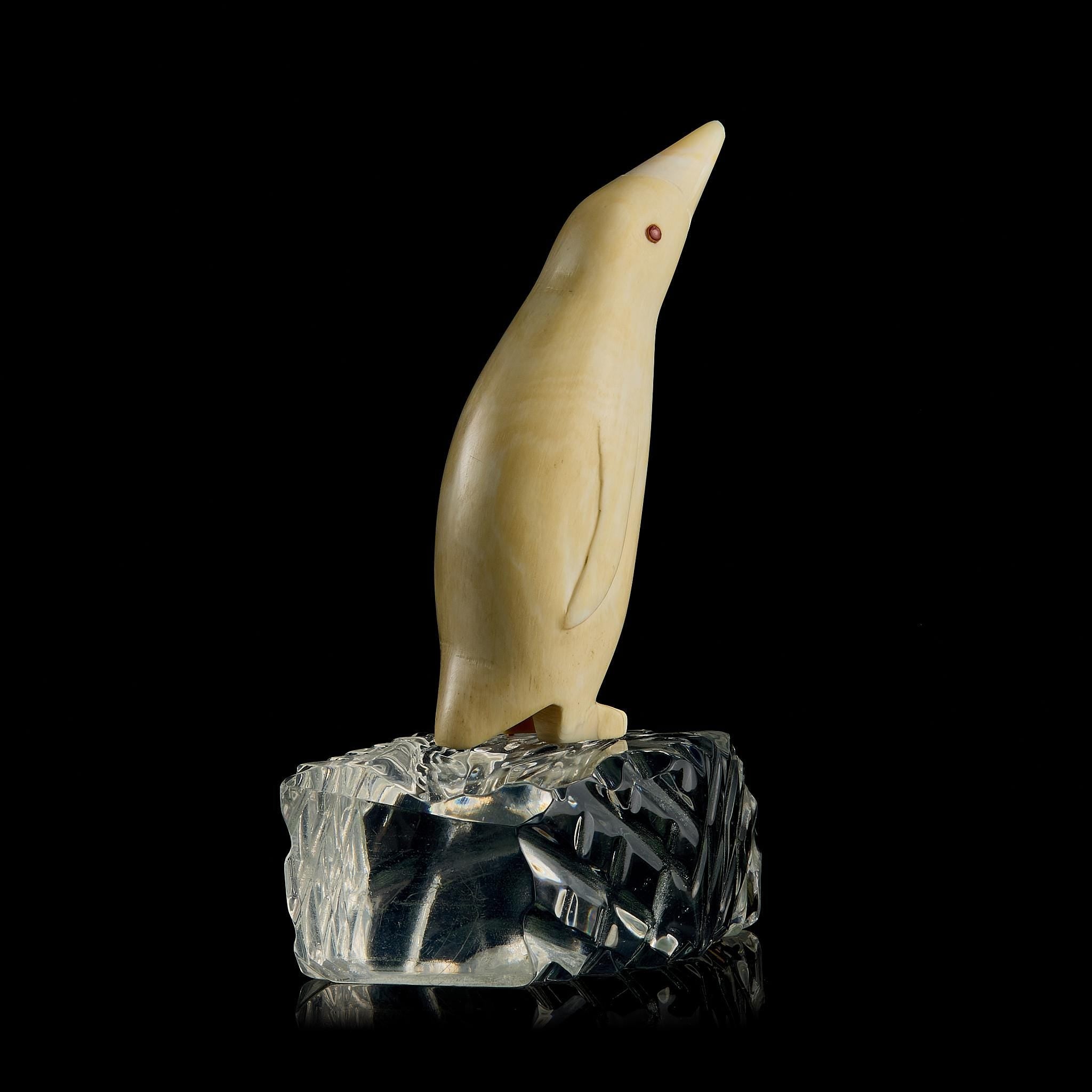 Vintage Inuit Bone Carving: Antarctic Penguin on Glass Ice Floe | Yupik Art, Early-Mid 20th C.