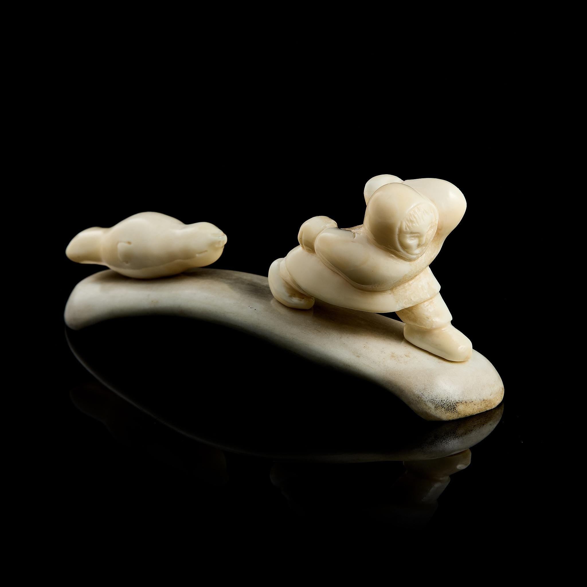 Rare Vintage Inuit Bone Carving: "Chukchi Hunter and Seal" Scene | Yupik Art, Chukotka, 1970s