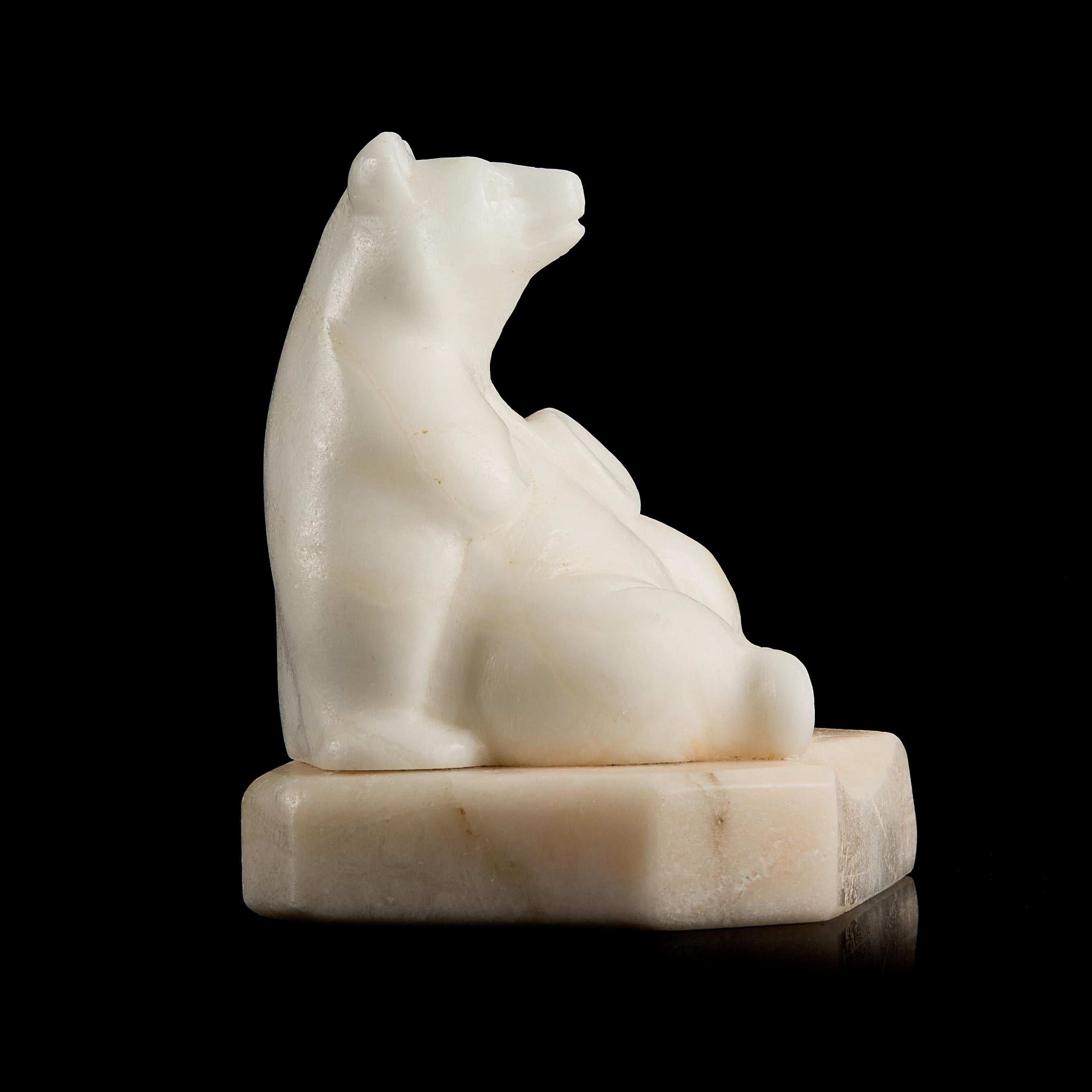 Vintage Inuit White Marble Polar Bear Figurine on Stone Pedestal | Yupik Craft, Early-Mid 20th C.