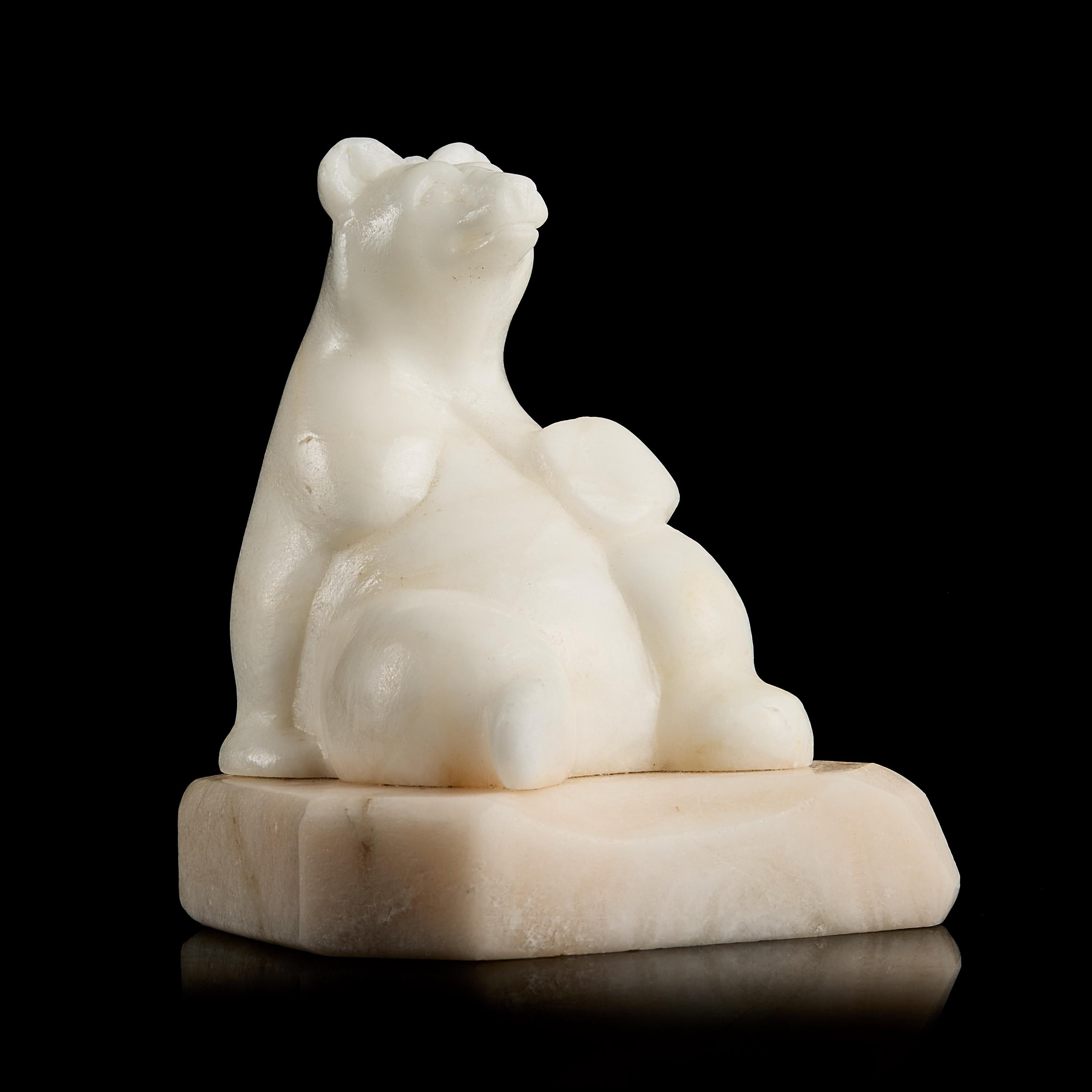 Vintage Inuit White Marble Polar Bear Figurine on Stone Pedestal | Yupik Craft, Early-Mid 20th C.