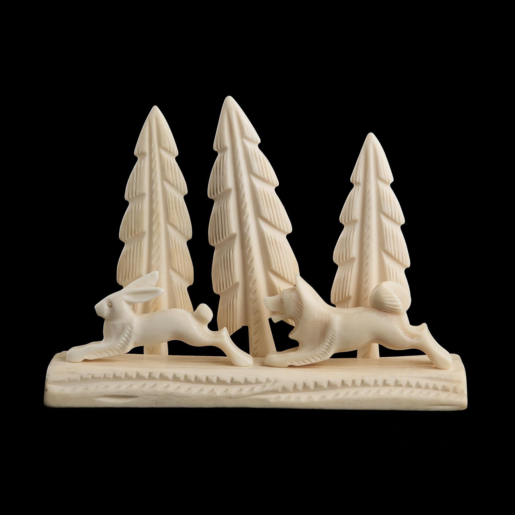 Rare Vintage Inuit Bone Carving: Forest Hunt Scene (Hare & Dog/Wolf) | USSR, Mid-20th C.