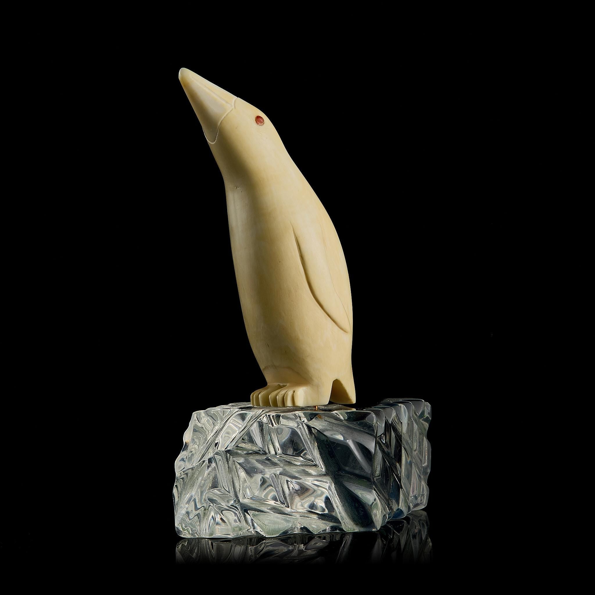 Vintage Inuit Bone Carving: Antarctic Penguin on Glass Ice Floe | Yupik Art, Early-Mid 20th C.