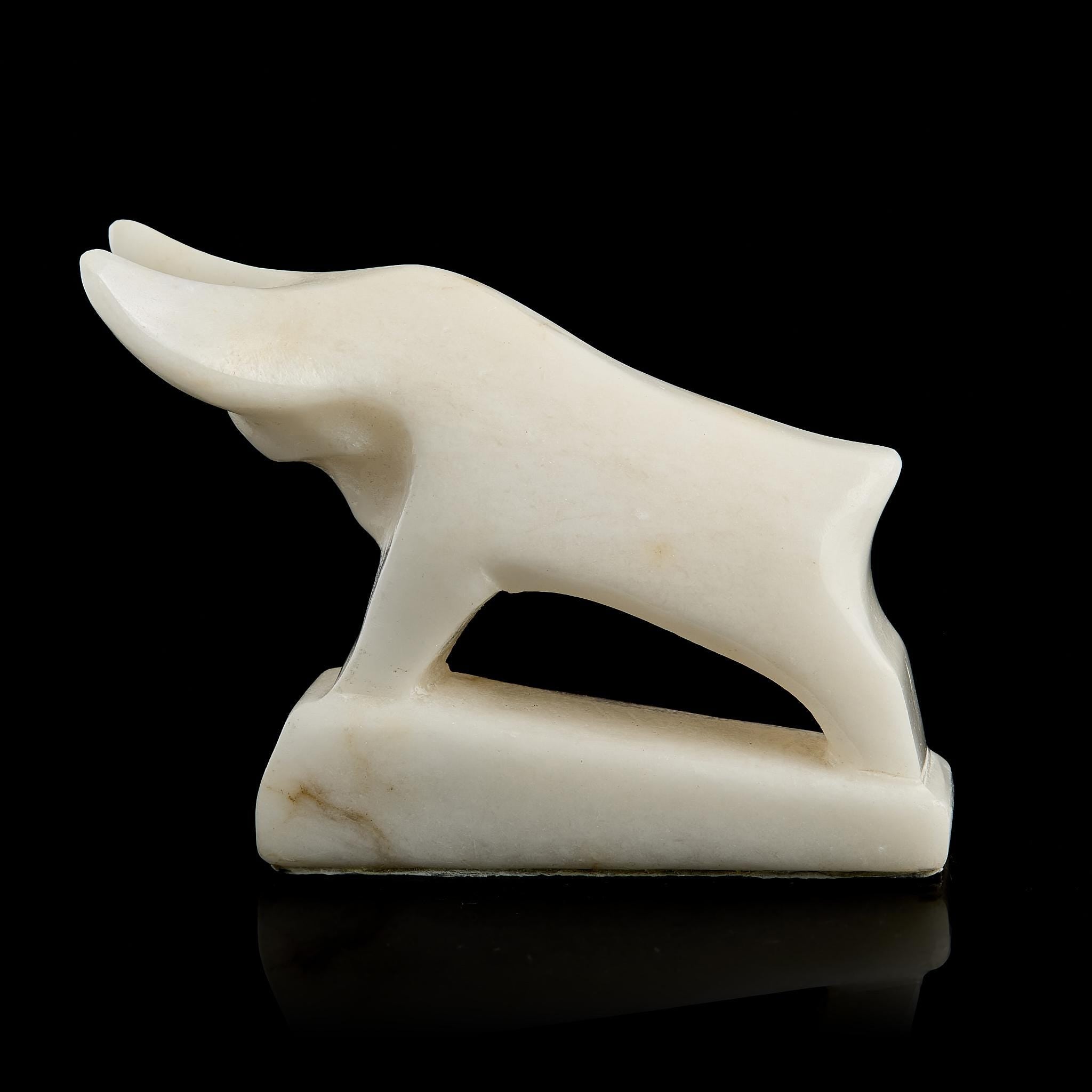 Vintage Inuit Abstract Bull Figurine | White Marble Stone Carving, Yupik Craft, Mid-20th C.