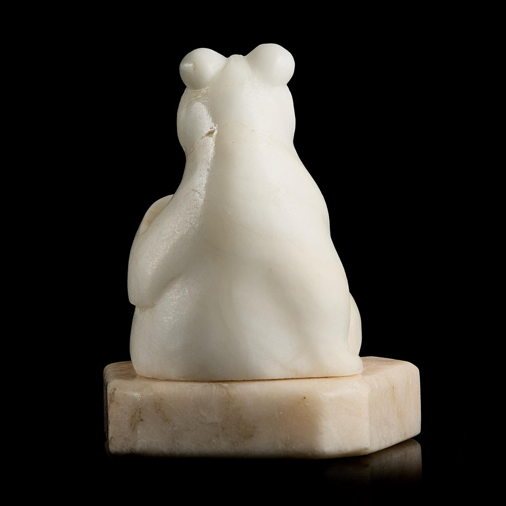 Vintage Inuit White Marble Polar Bear Figurine on Stone Pedestal | Yupik Craft, Early-Mid 20th C.