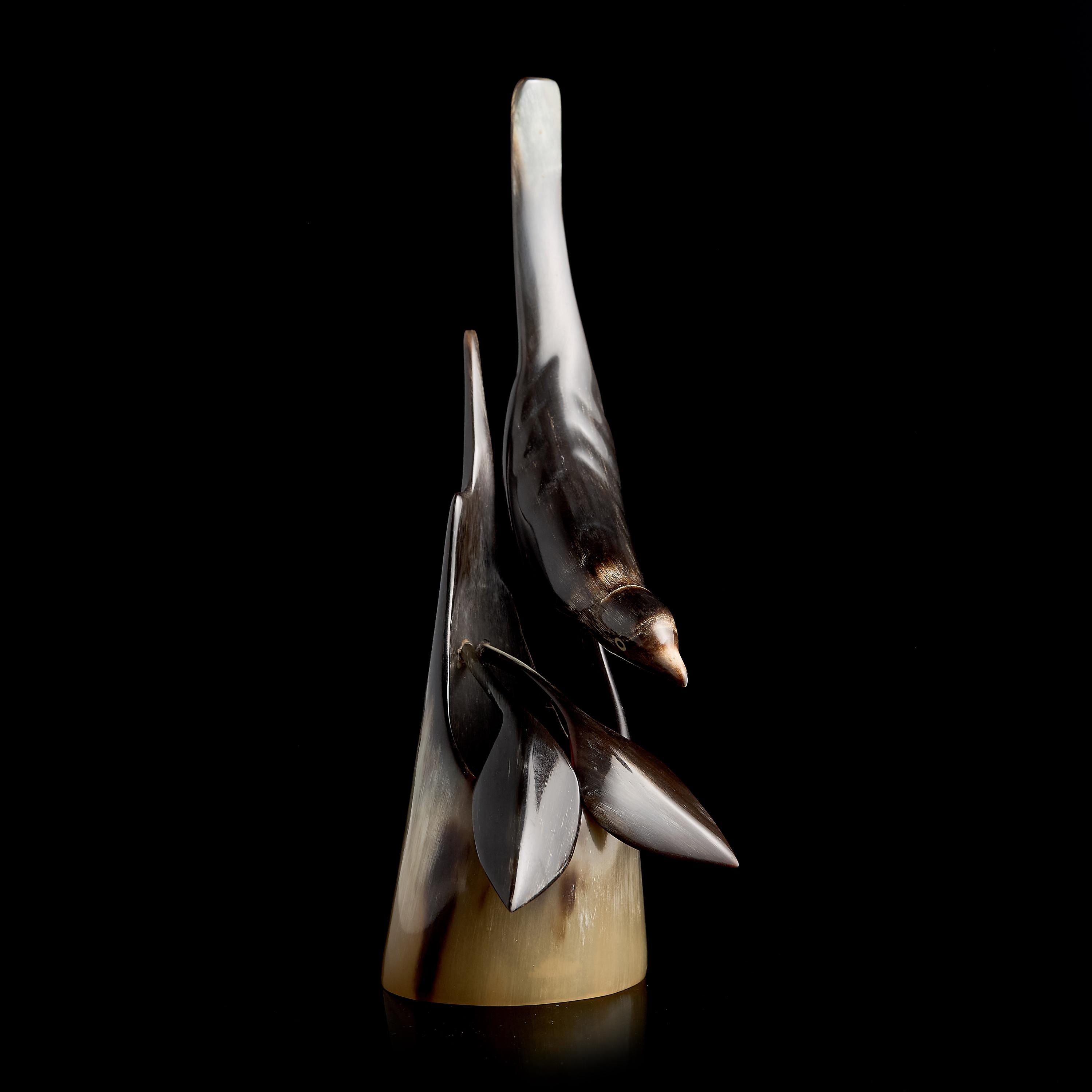 Vintage Horn Carving: Dark Bird Figurine on Sculpted Base | USSR 1950s–60s, Chukchi/Yakut Art