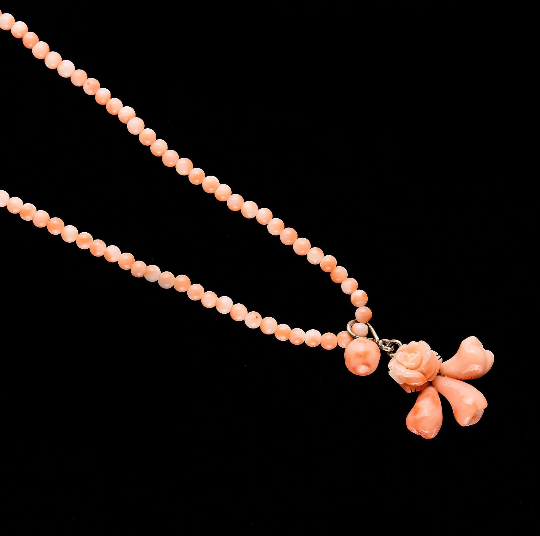 Vintage "Angel Skin" Coral Necklace w/ Japanese Carved Roses | Art Deco, 40cm