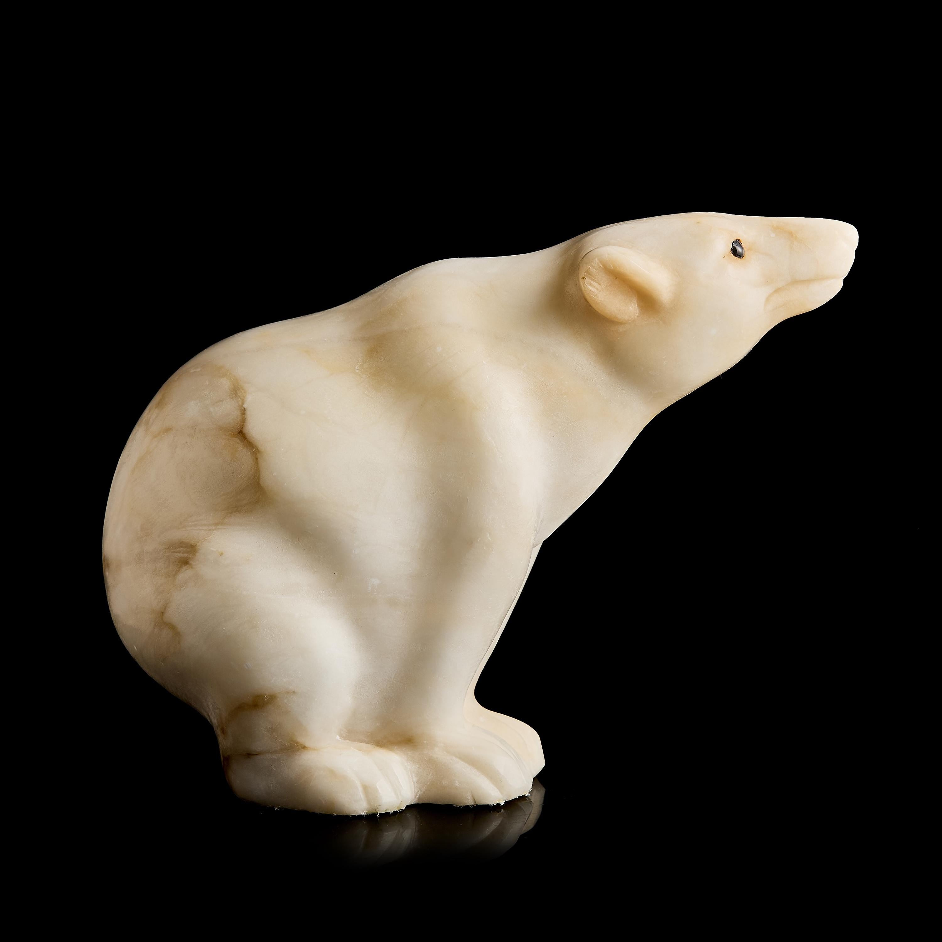 Vintage Inuit White Marble Polar Bear Figurine | Yupik Craft Stone Sculpture, Early-Mid 20th C.