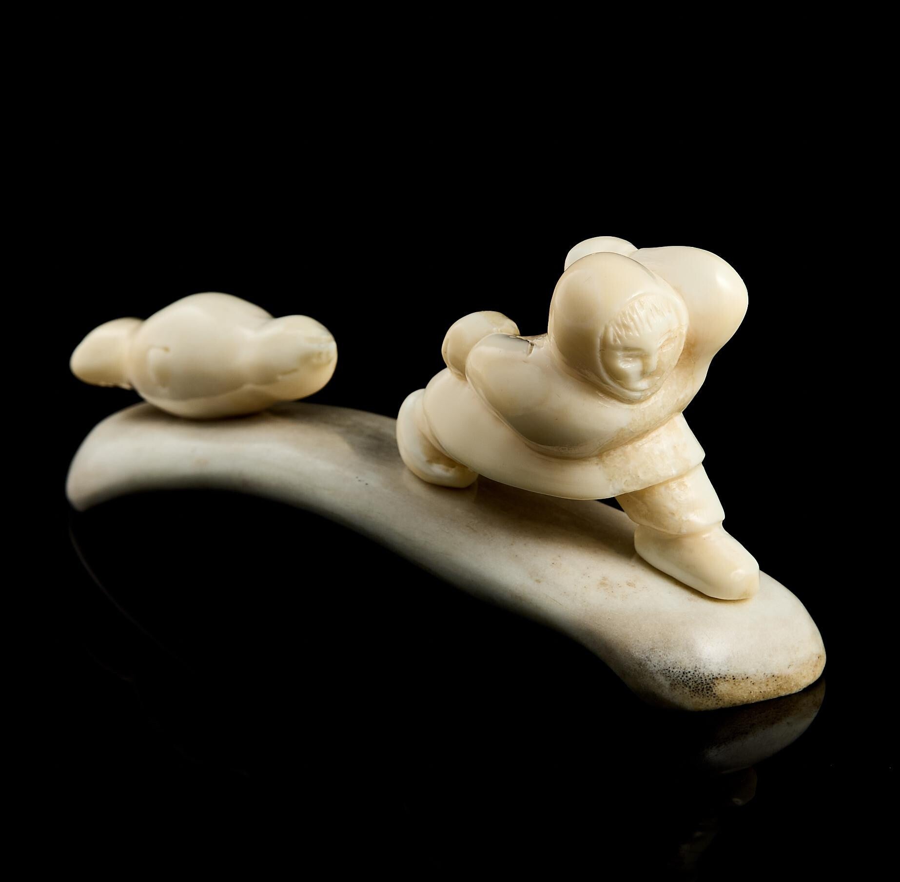 Rare Vintage Inuit Bone Carving: "Chukchi Hunter and Seal" Scene | Yupik Art, Chukotka, 1970s