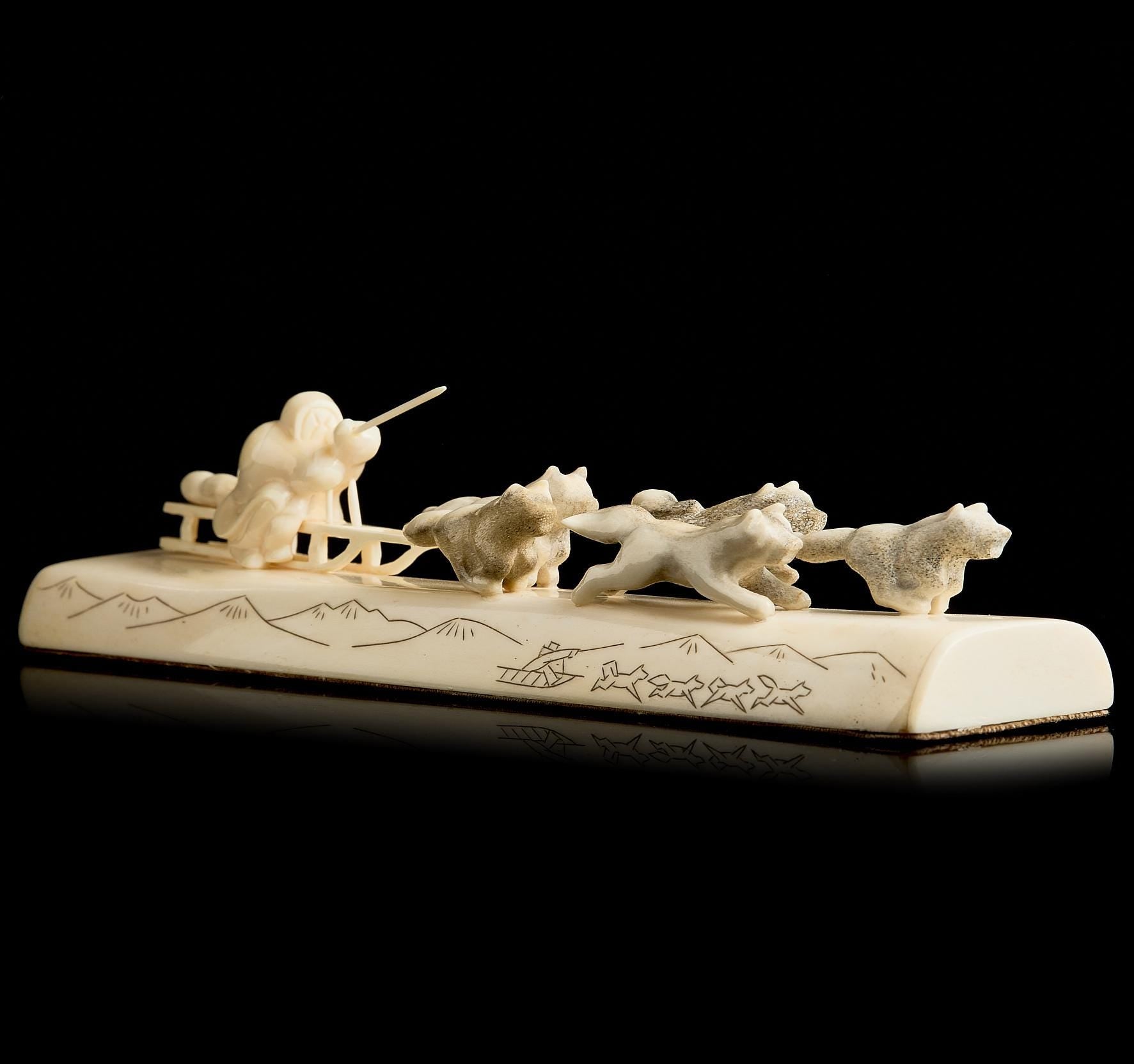 Vintage Bone Carving: "Eskimo with Dogs" Scene | Yupik Author's Sculpture, Rare Collectible