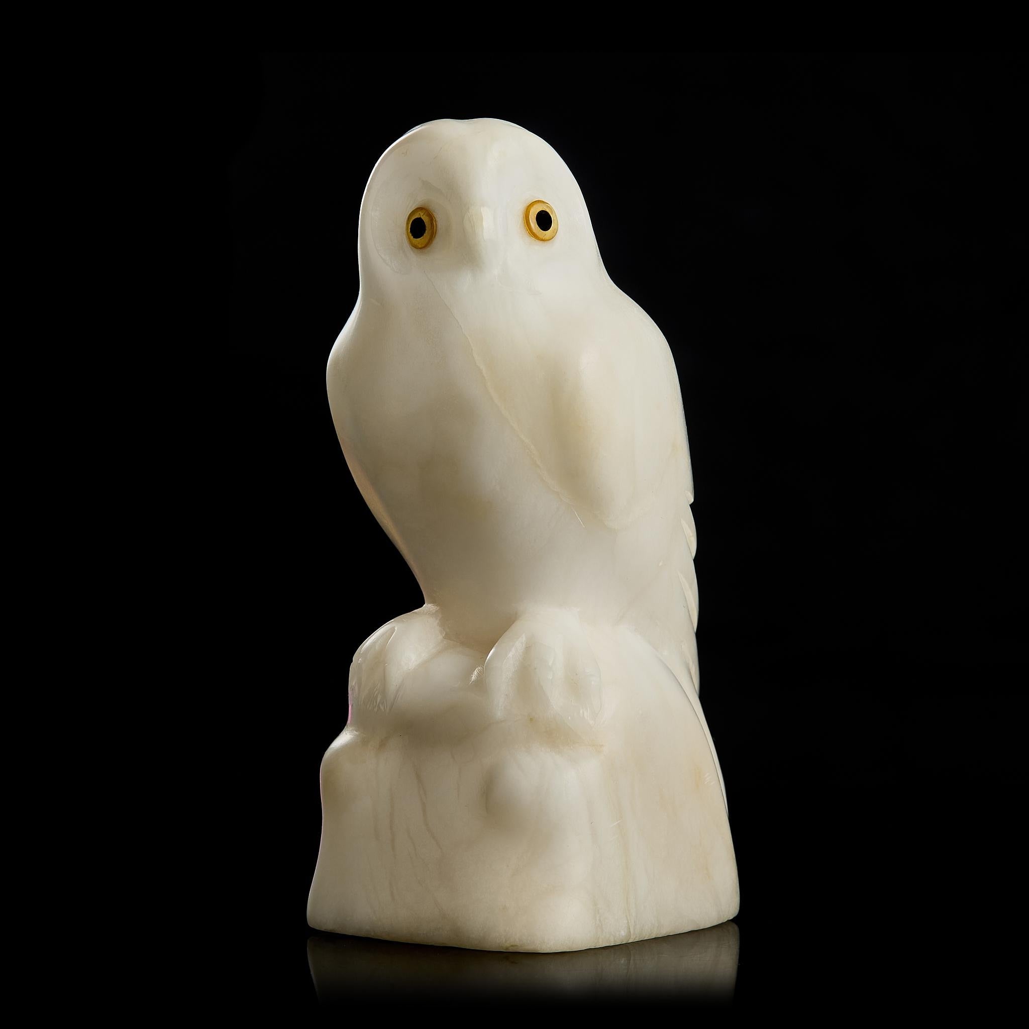 🦉 Antique White Northern Owl Figurine | Carved White Marble & Natural Amber Eyes