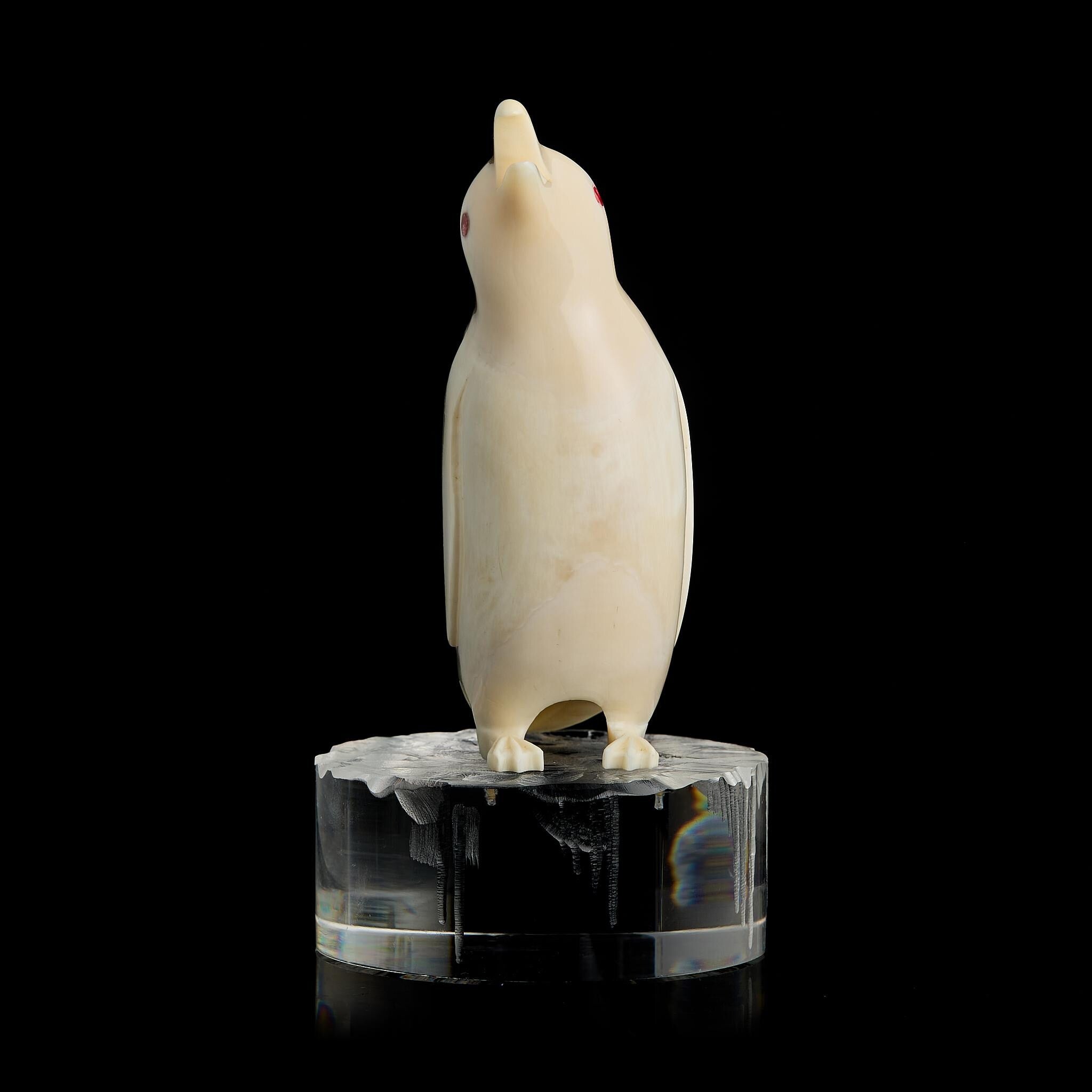 Vintage Inuit Bone Carving: Antarctic Penguin Figurine | Red Eye, Acrylic Pedestal, Early-Mid 20th C.