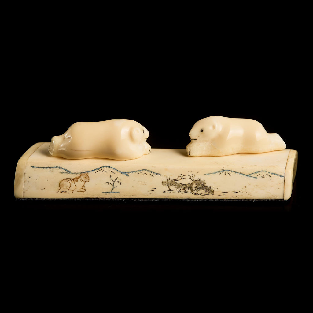 Antique Bone Carving: Resting Polar Bear Cubs Composition | Yupik Art, Early 20th C.