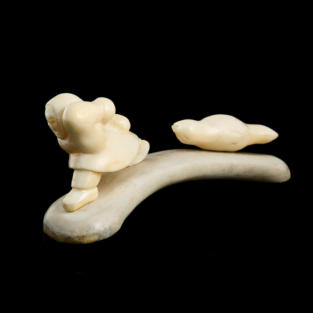 Rare Vintage Inuit Bone Carving: "Chukchi Hunter and Seal" Scene | Yupik Art, Chukotka, 1970s