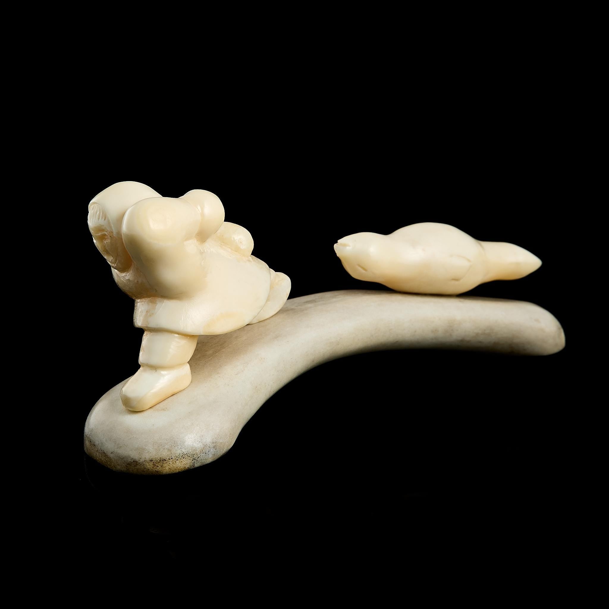 Rare Vintage Inuit Bone Carving: "Chukchi Hunter and Seal" Scene | Yupik Art, Chukotka, 1970s