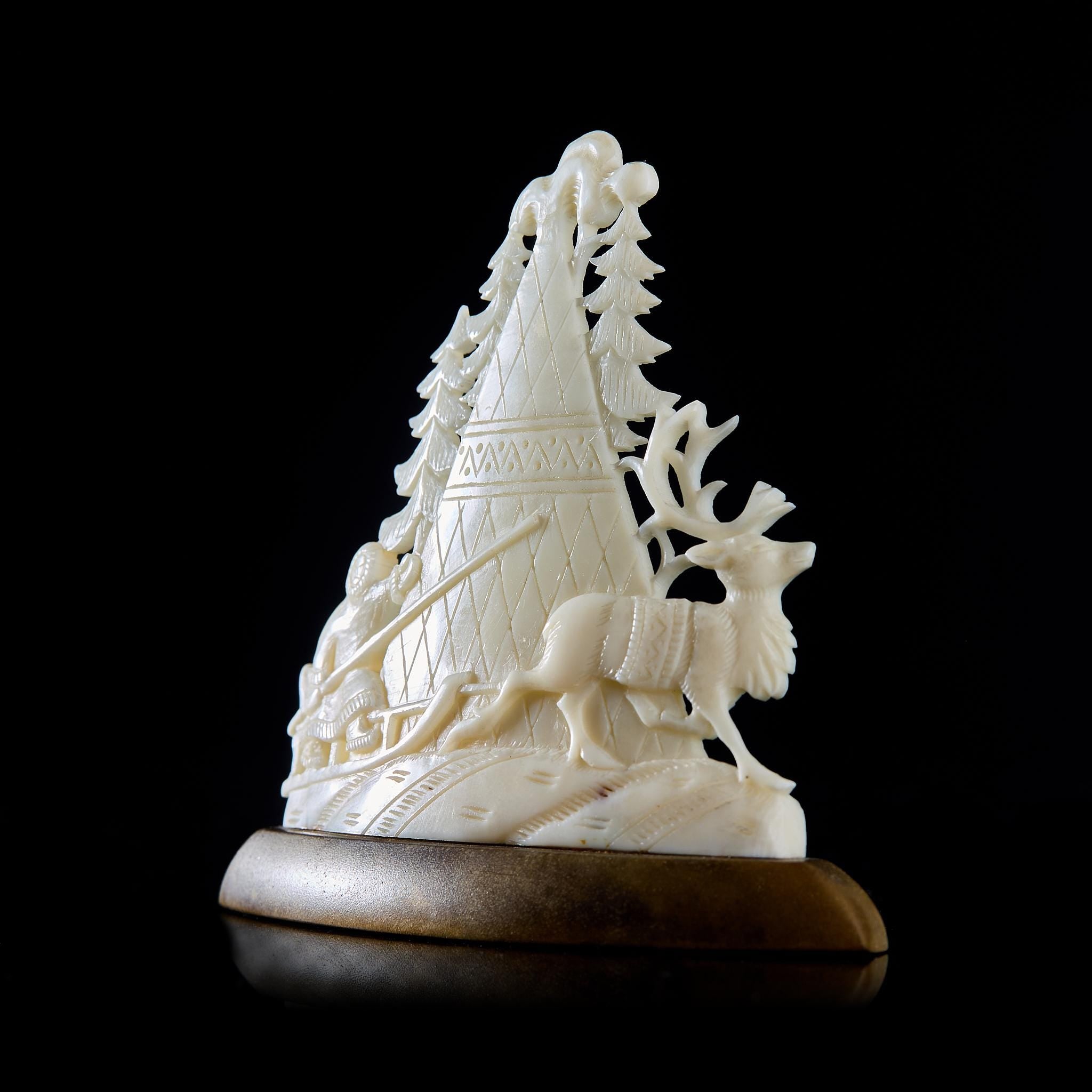 Vintage Inuit/Chukchi Camp Scene Carving: Hunter, Deer & Yurt | Kholmogory Bone Art, USSR 1950s