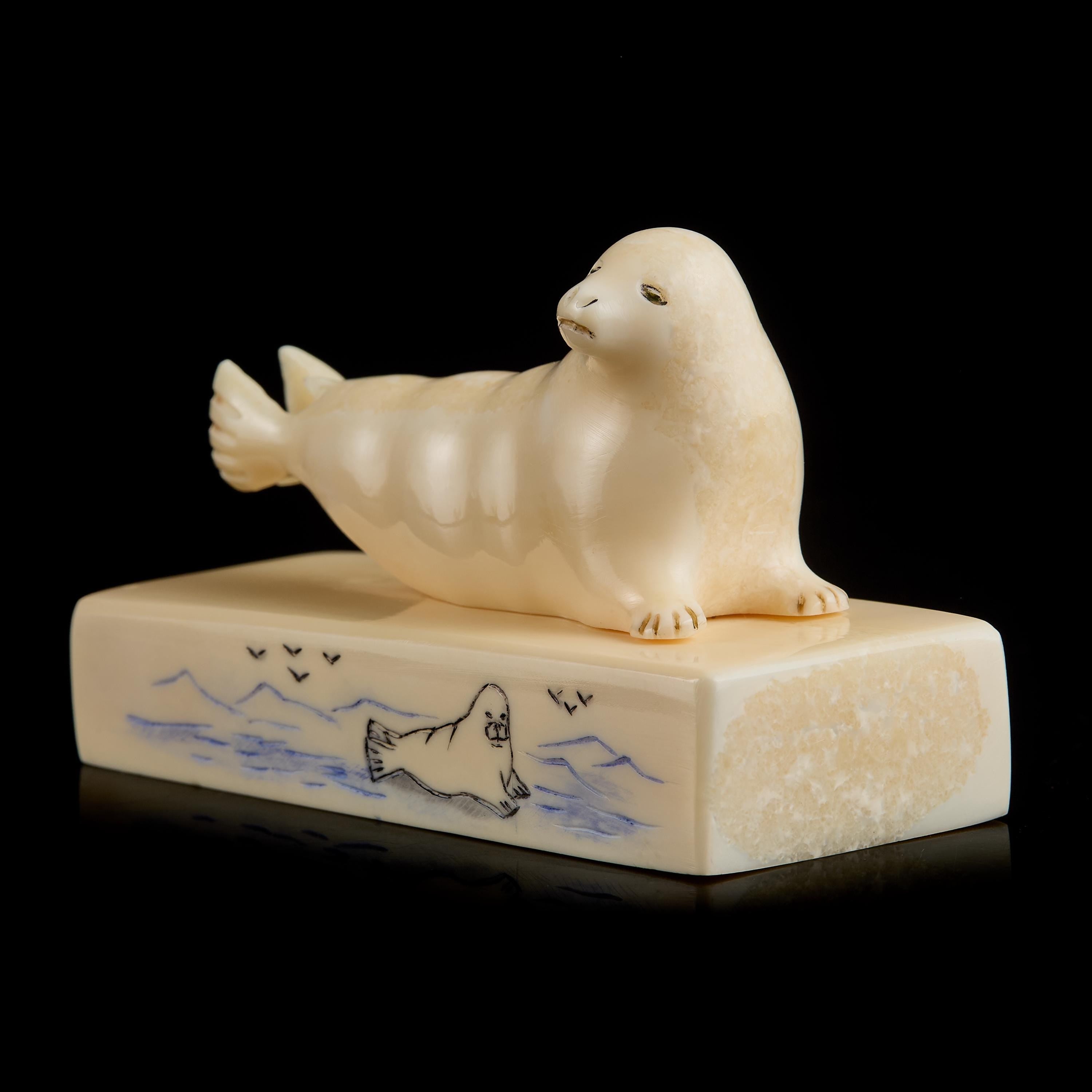 Collectible Vintage Seal Figurine | Carved Bone, Yup'ik-Inuit Art, Early-Mid 20th C