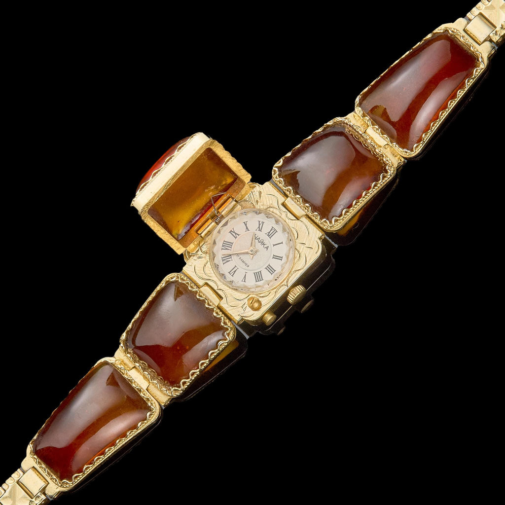 Vintage Chaika Mechanical Watch (17 Jewels) with Amber Bracelet | USSR Jewelry Cocktail Watch